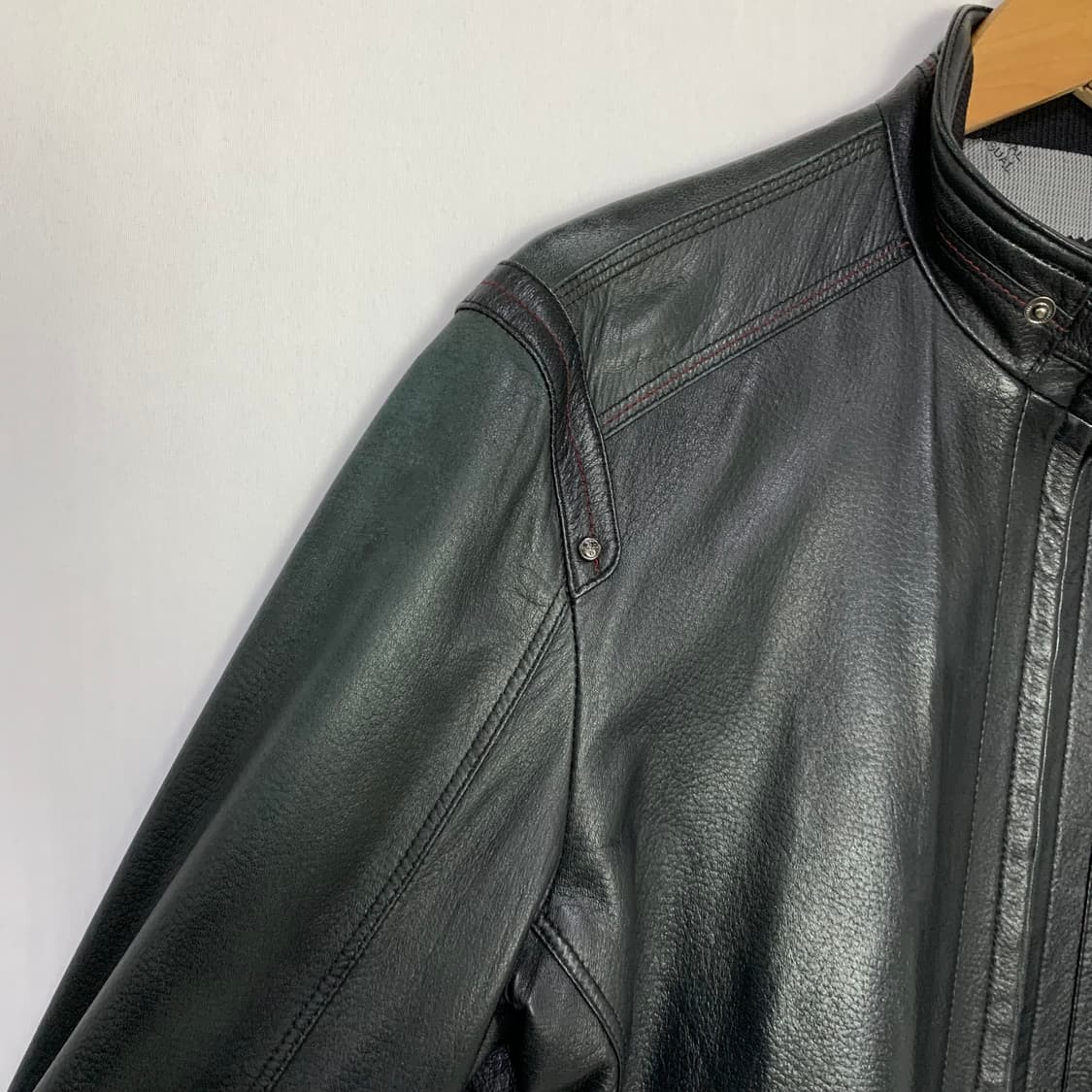 빈티지 심플 블랙 리얼레더 노카라 벨티드넥 라이더 양가죽 자켓 100 상품이미지3