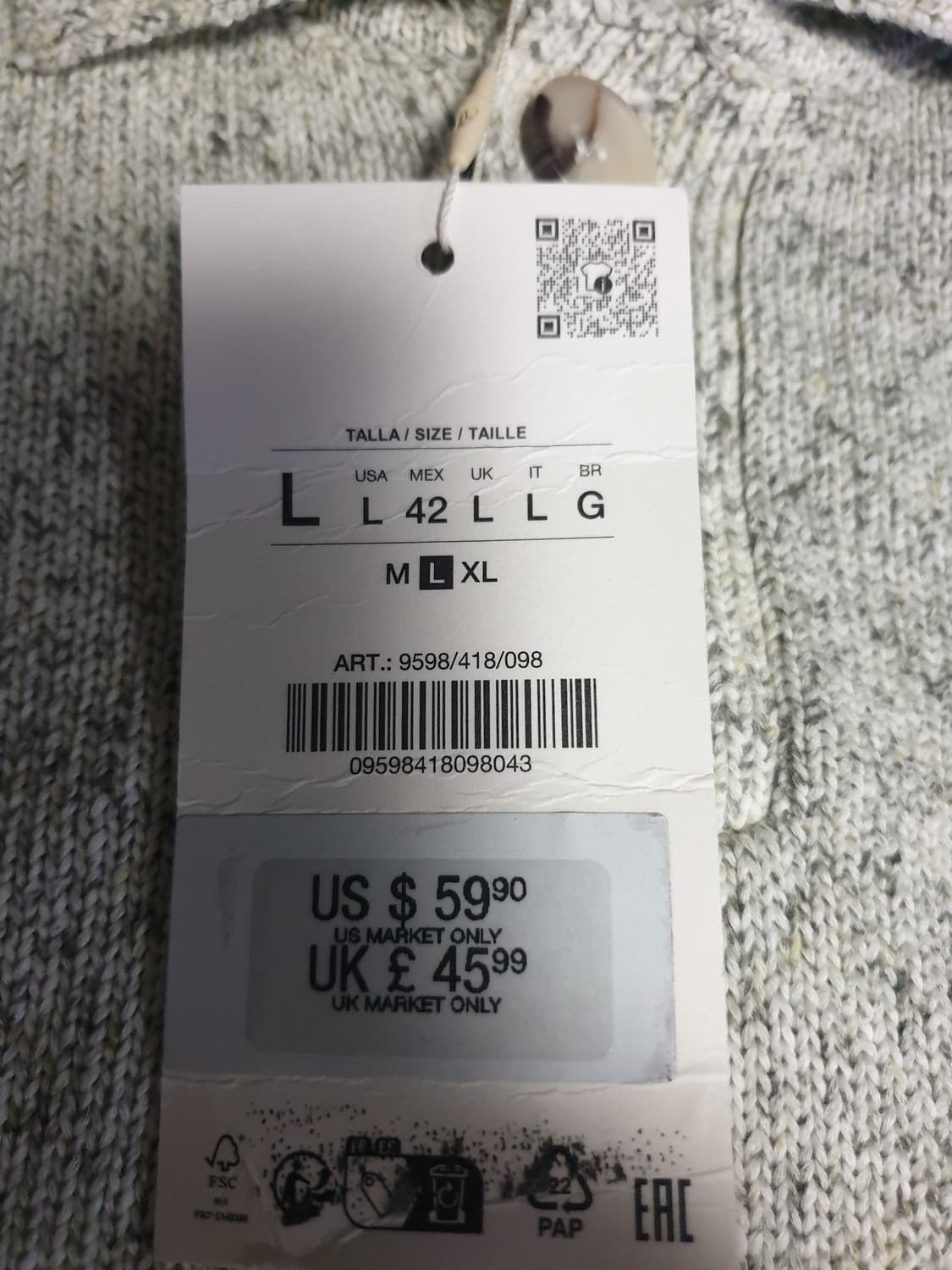 (새상품) 자라 스트럭처 코튼100% 폴로 롱슬리브 오트밀 그레이 (L) 상품이미지5