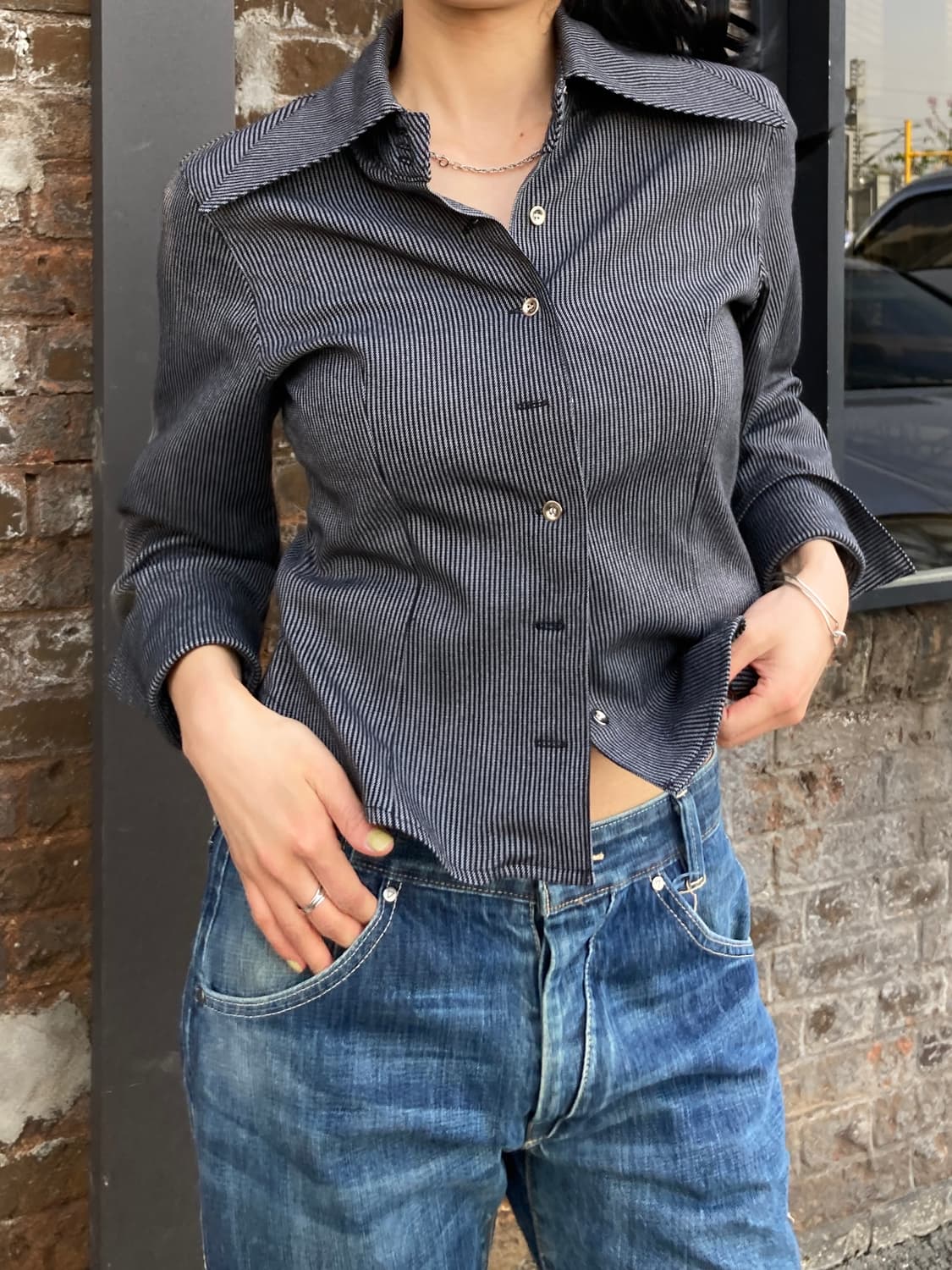 크롭 스트라이프 웨스턴 카라 셔츠 상품이미지1