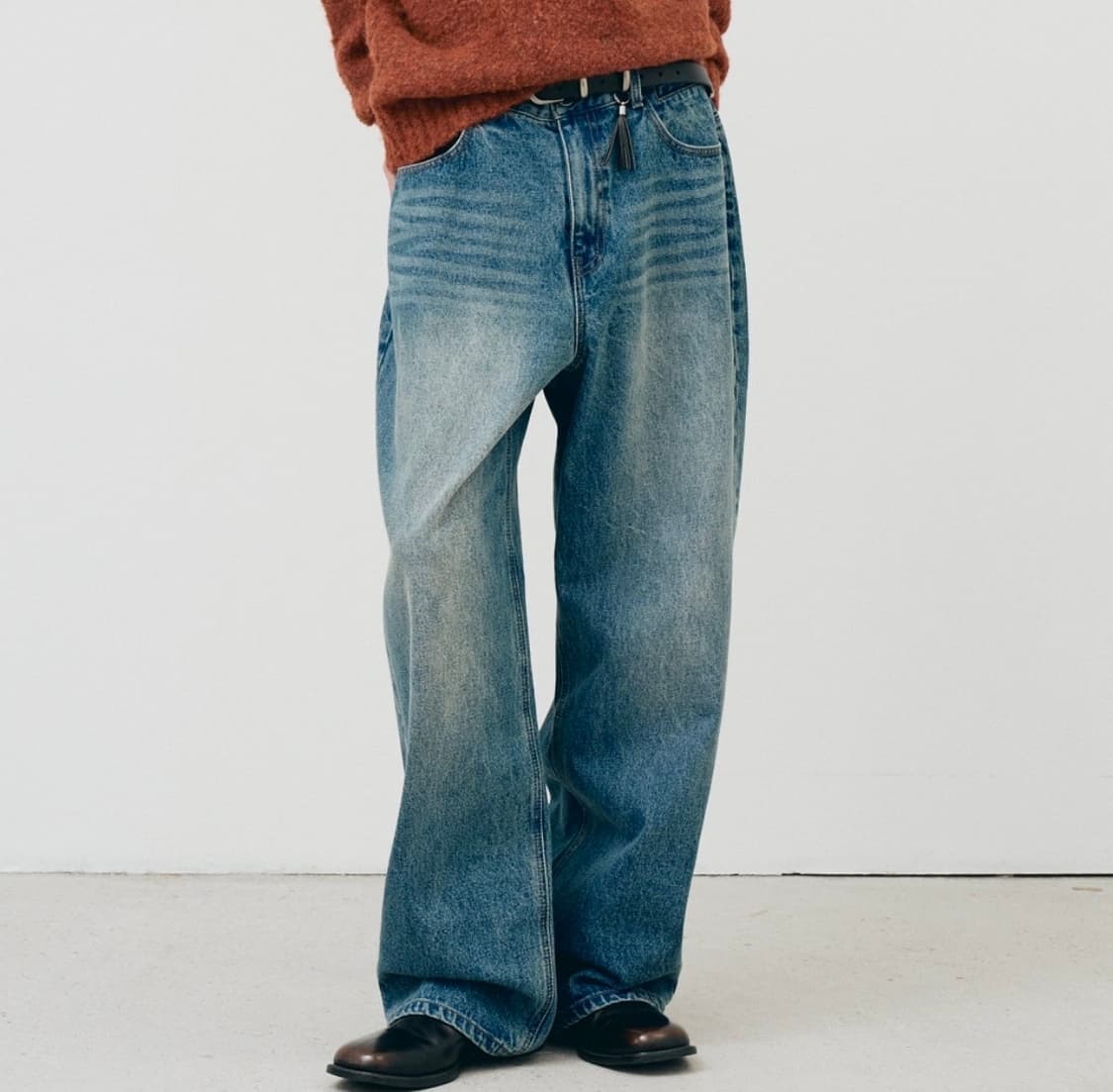 (48/30)noirer 노이어 클래식 와이드 데님팬츠 미드블루 청바지 상품이미지9