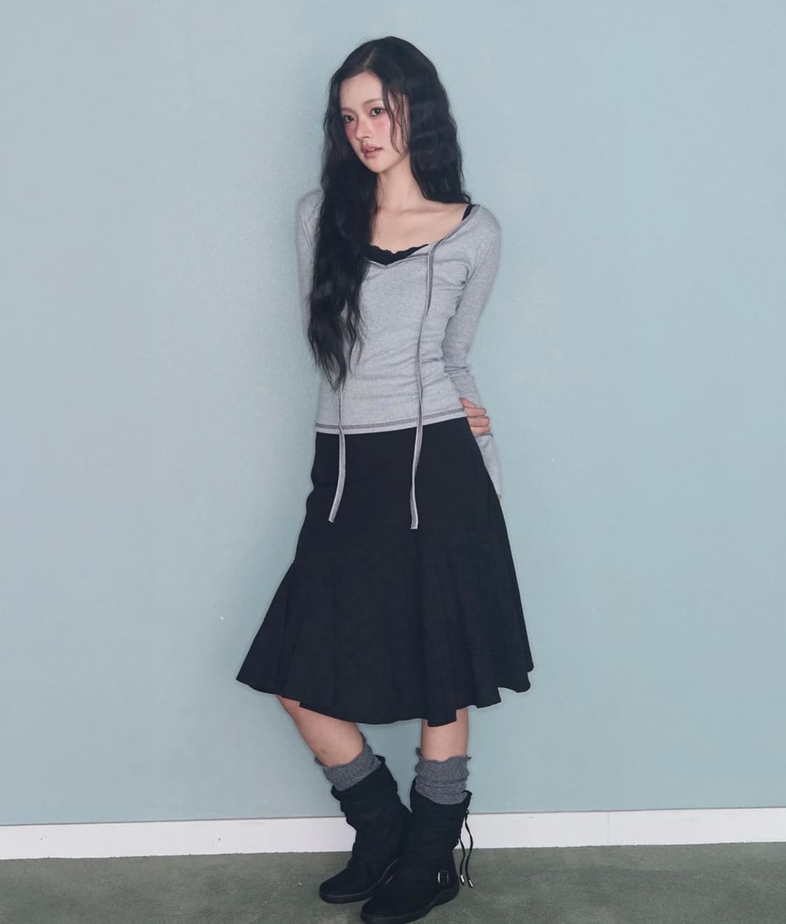 미레코 리본 그레이 긴팔 상품이미지1