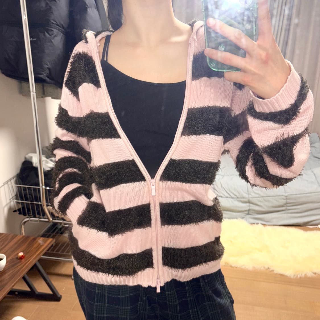 딸기유유 니트 후드집업 핑크 모리걸 미사깔 상품이미지2