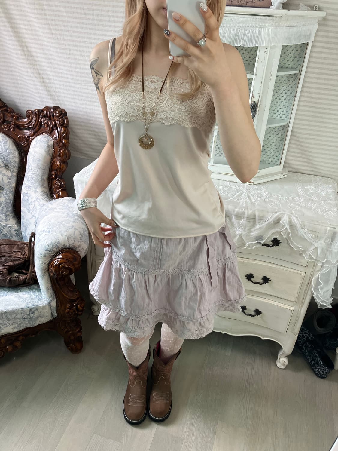 빈티지 아이보리 레이스 새틴 슬리브리스 상품이미지3