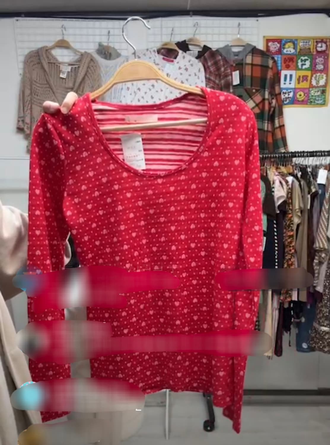 빈티지 모리걸 하구미깔 하트 도트 레드 긴팔 슬리브리스 갸루 펑크 상품이미지2