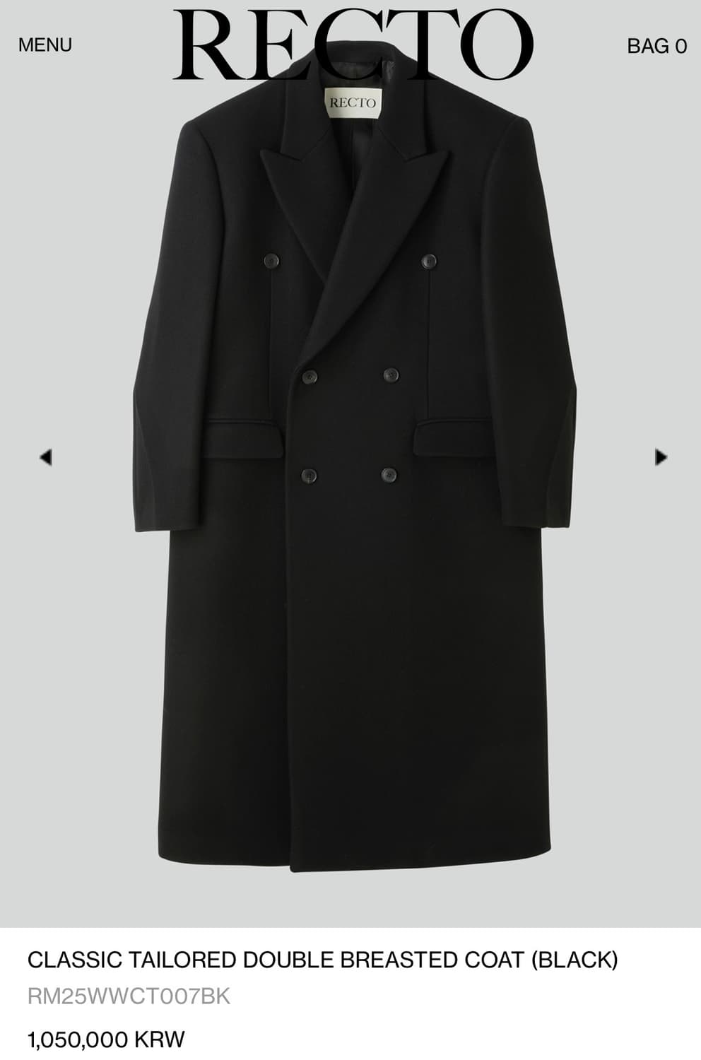 [새상품] 렉토 25FW 클래식 테일러드 더블코트 S 상품이미지1