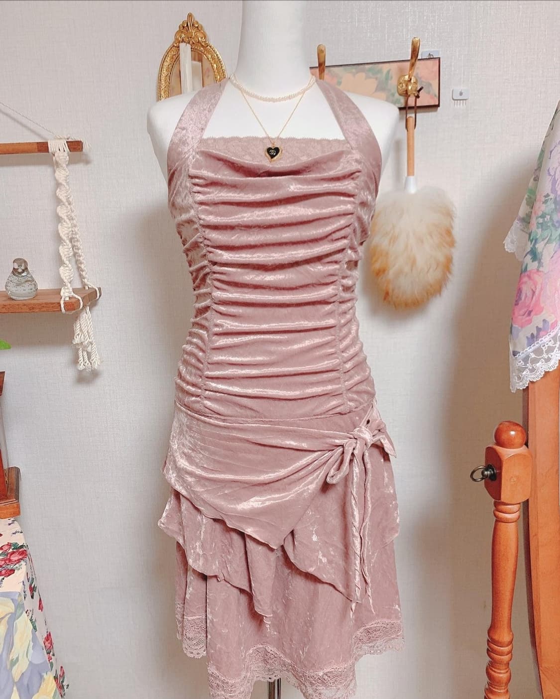 레스트로즈 핑크벨벳 홀터넥 원피스 드레스 상품이미지1