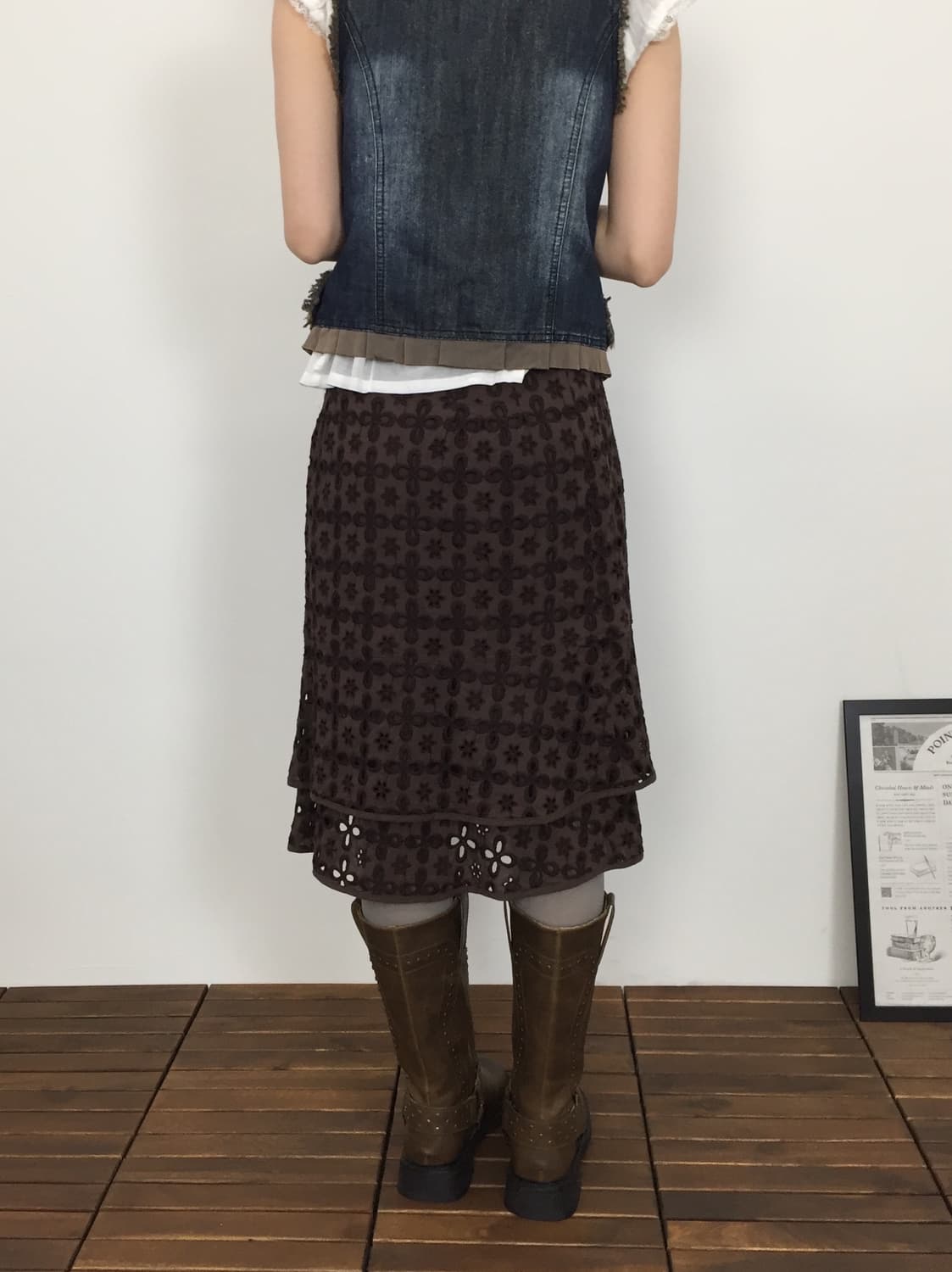 Jpn Brown Floral Punching Tiered Skirt 상품이미지2