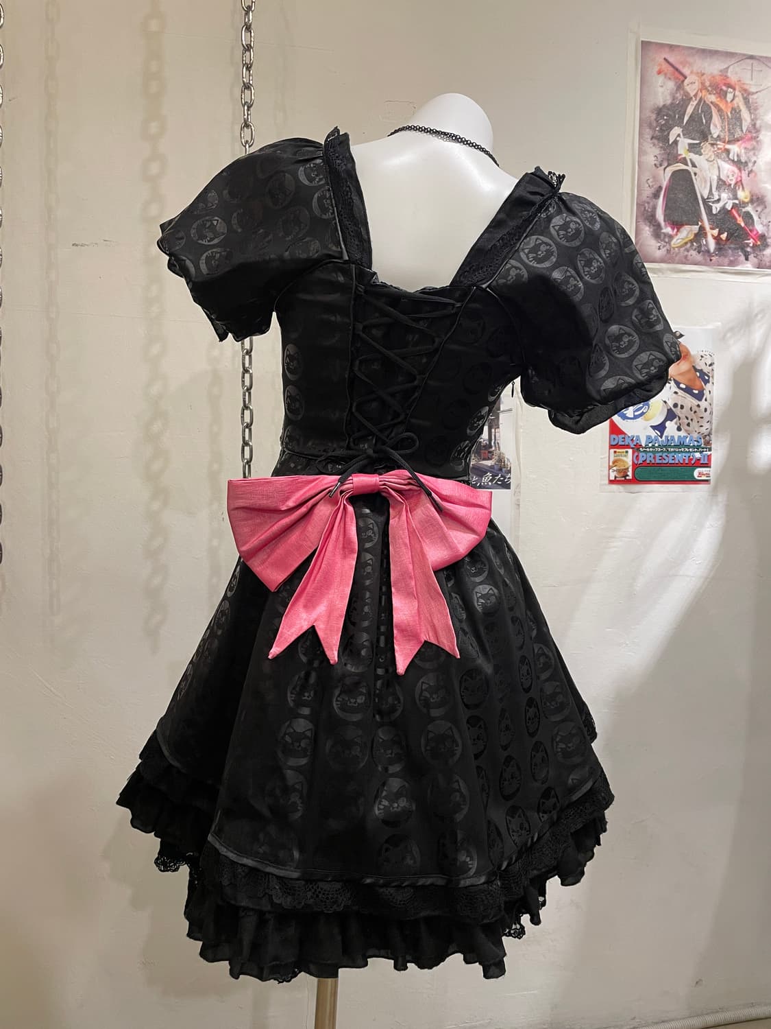 고양이 패턴 아일렛 리본 레이스 레이어드 블랙 원피스 고스 로리 펑크 상품이미지4