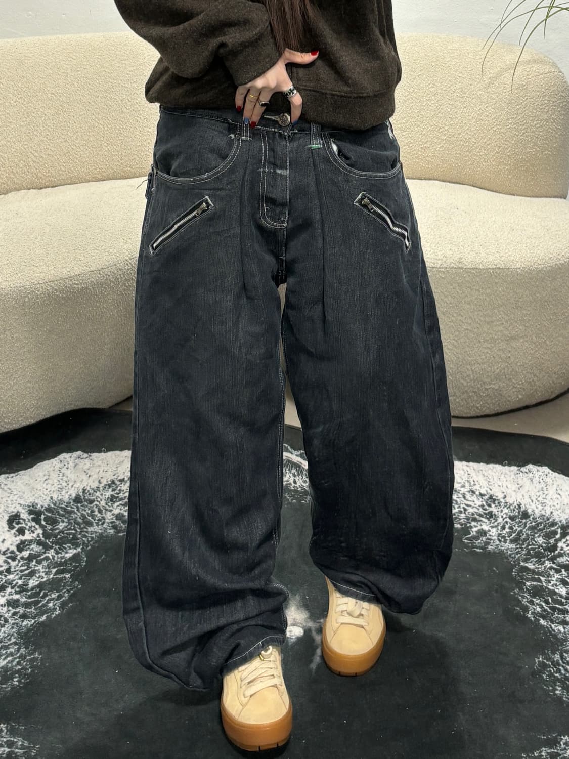 90s RED APE 다크 유틸리티 지퍼 포켓 초와이드 데님 팬츠 상품이미지1