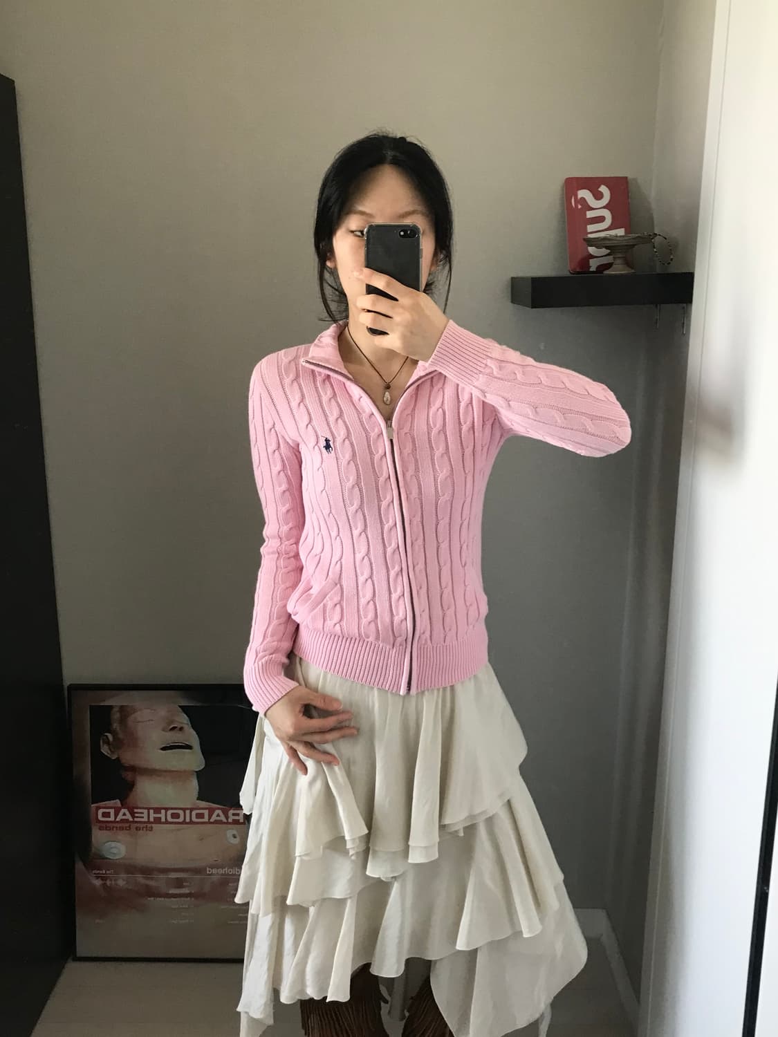 폴로 랄프로렌 포니 로고 핑크 케이블 니트집업 상품이미지1