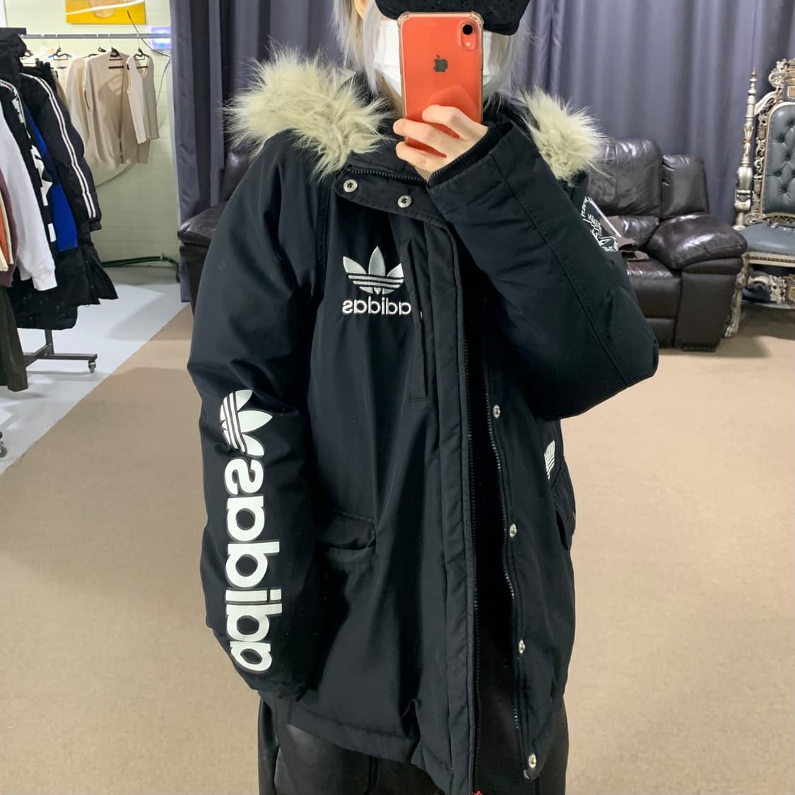 아디다스 오리지널스 블랙 패딩 점퍼 110 남녀공용 울프죠 퍼후드 00s 상품이미지3