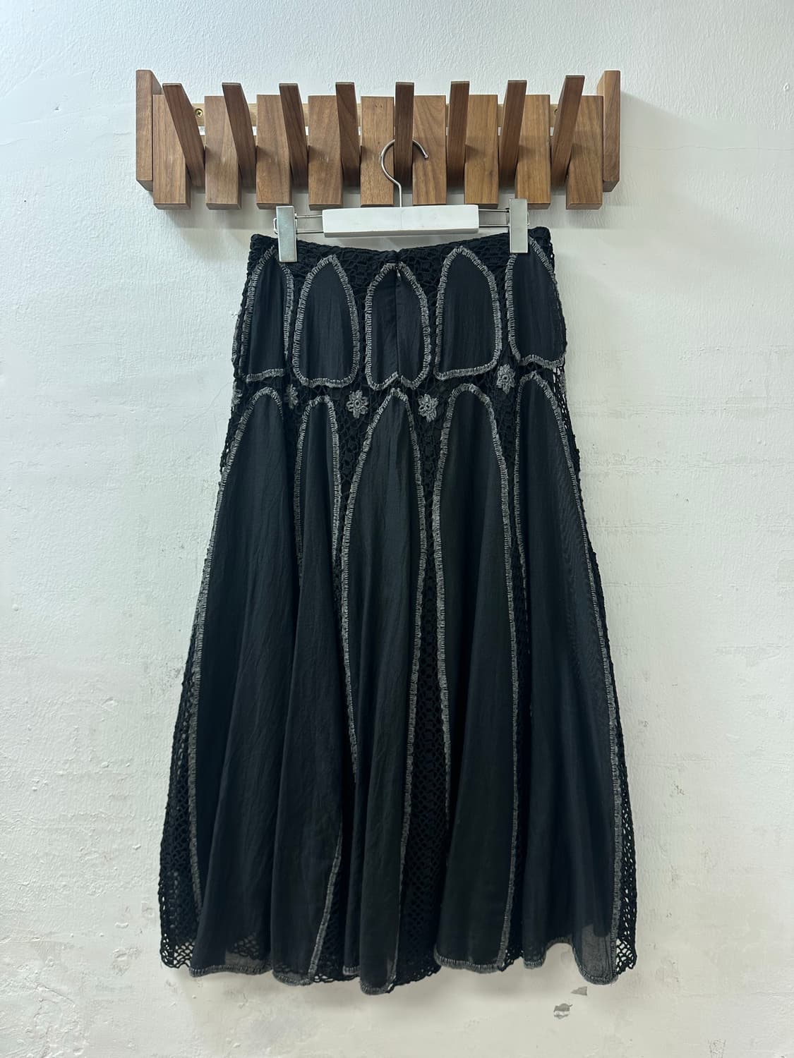 일본빈티지 코튼 실크 혼방 그런지 레이스 크로셰 패치워크 블랙 스커트 상품이미지4
