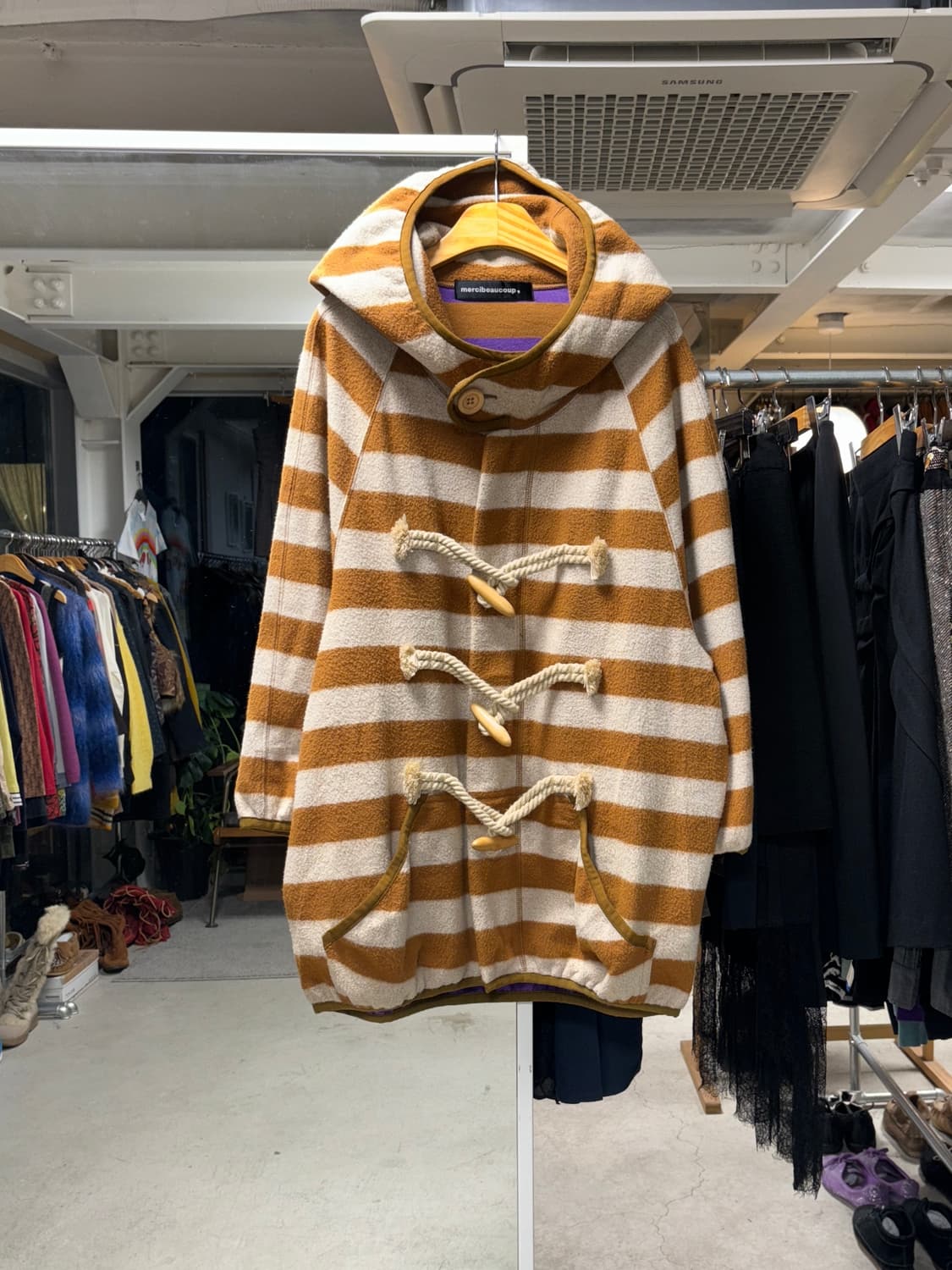 메르시보꾸 스트라이프 플리스 후드 코트 상품이미지1