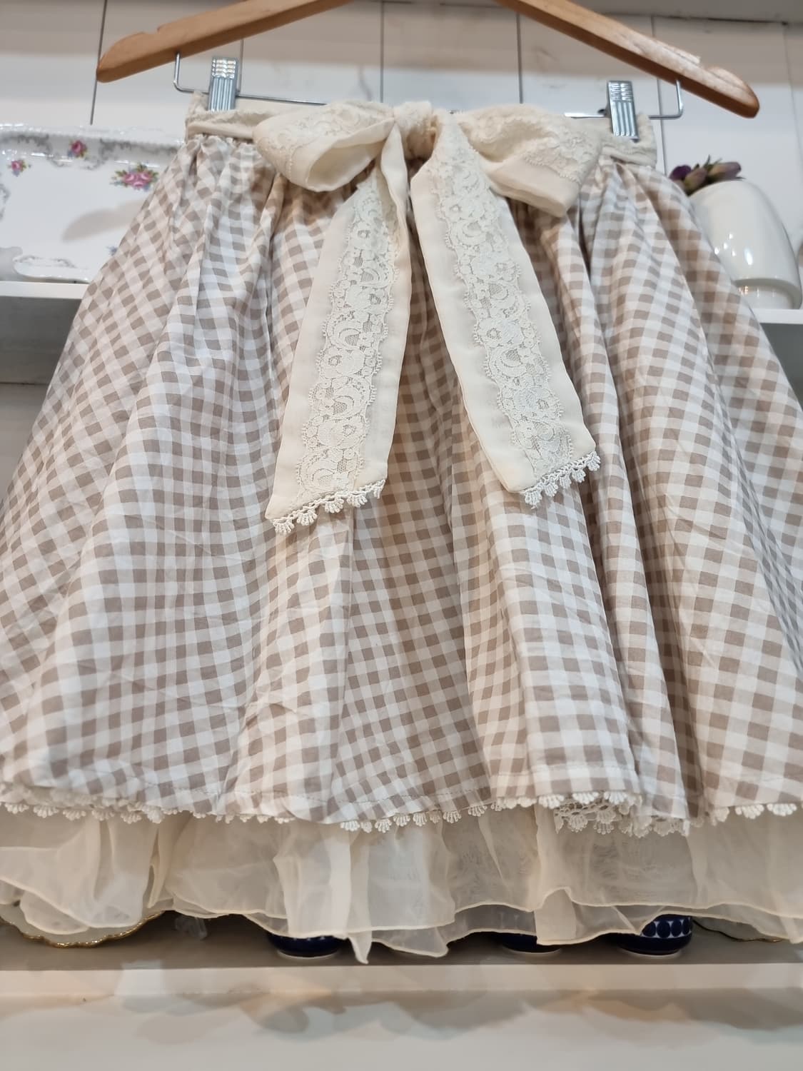 axes femme 베이지 체크 레이스 리본 스커트 상품이미지3