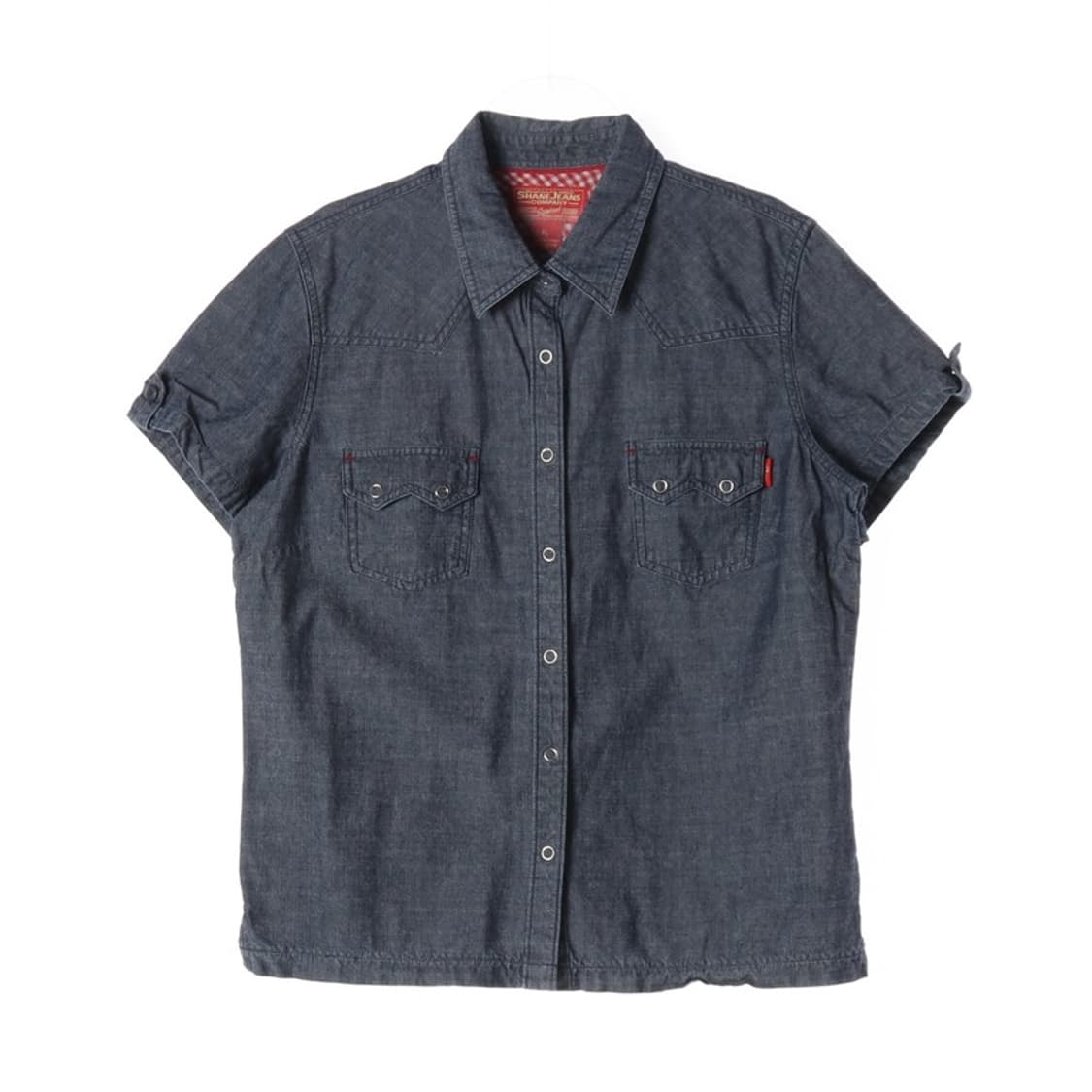 쉐인진스 레드 체크 배색 반팔 데님 셔츠 FL 상품이미지1