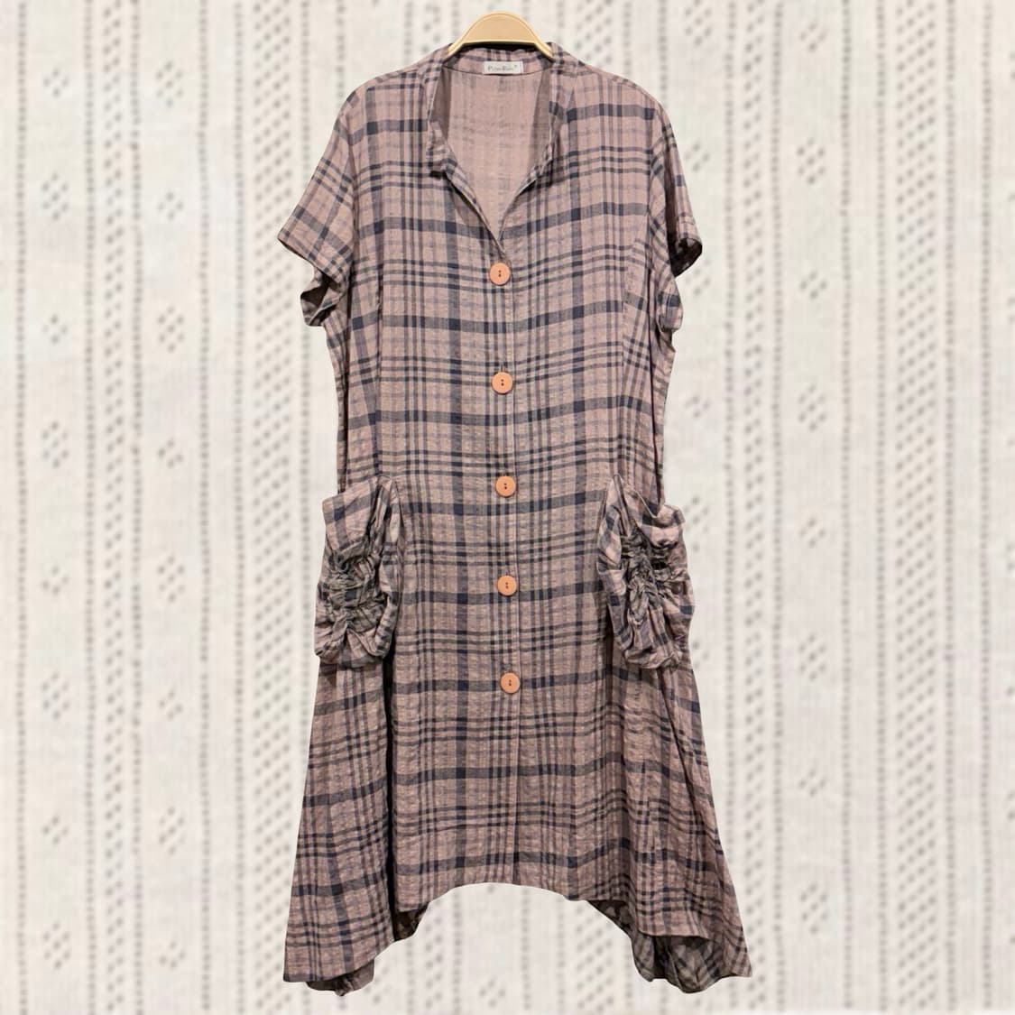 일본 빈티지 체크 벌룬 셔링 포켓 포인트 언발 롱 원피스 상품이미지1