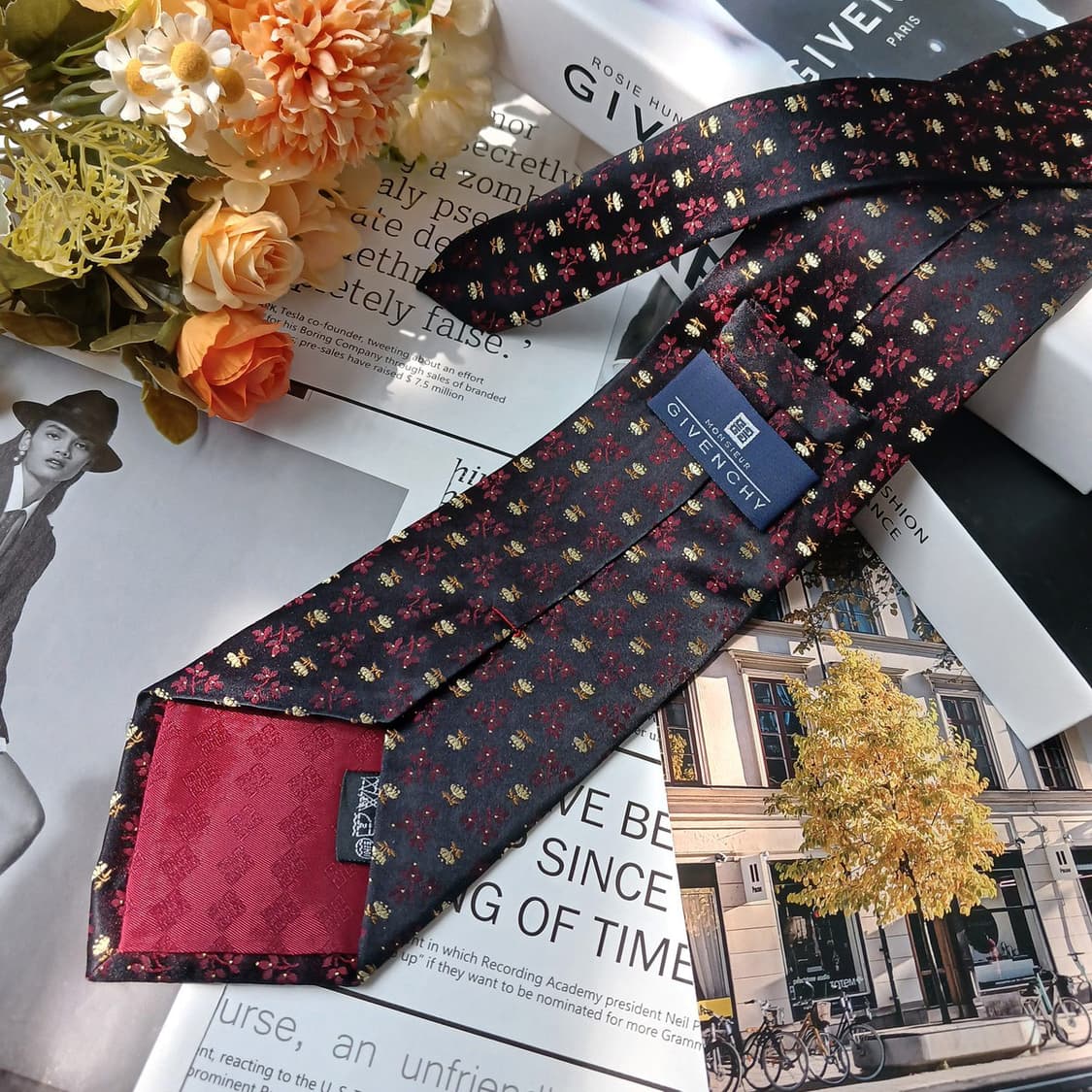 지방시 실크 블랙 플라워 자수 패턴 넥타이 9.6cm A+등급 E856 상품이미지3