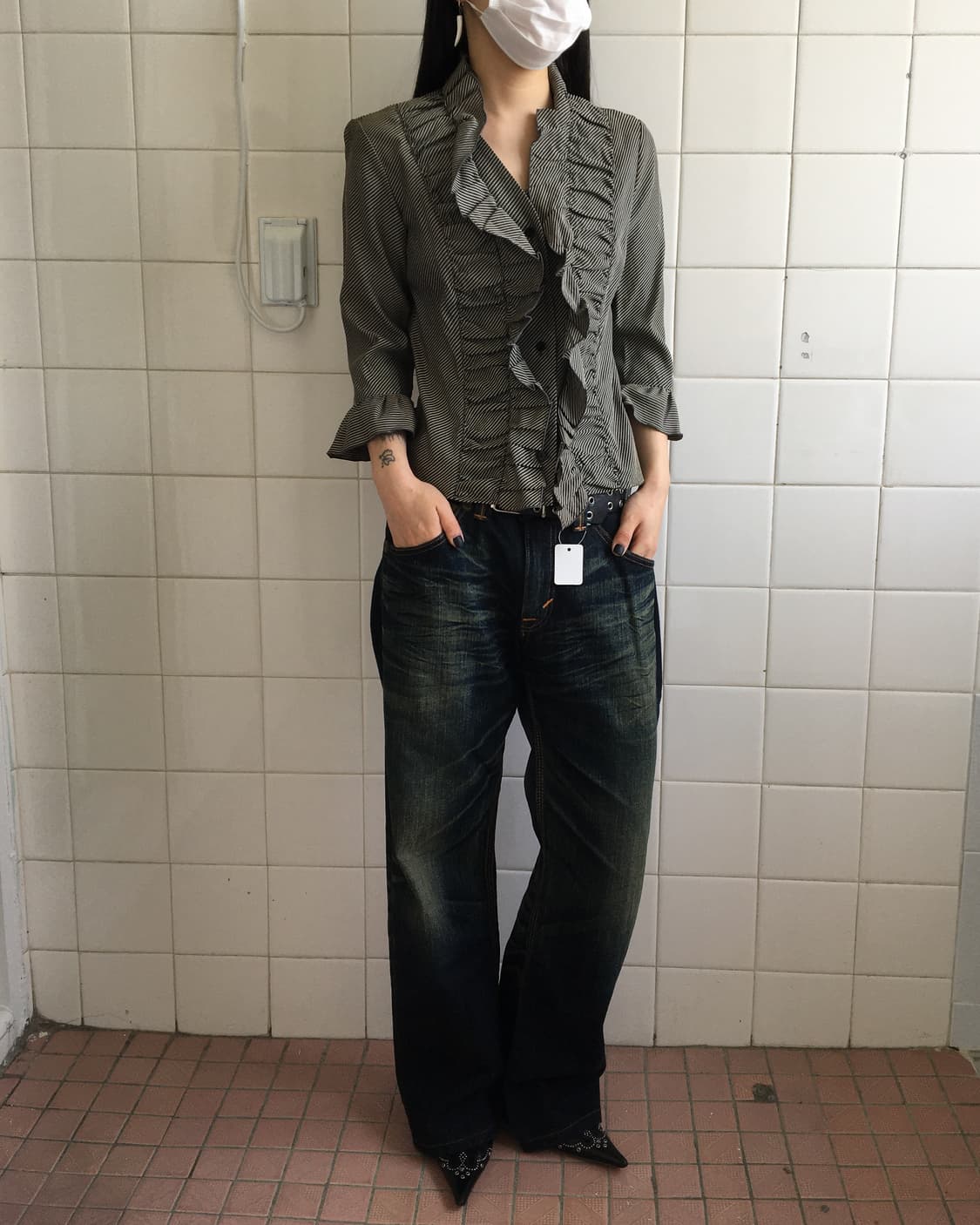 Shirring point stripe pattern blouse 상품이미지6