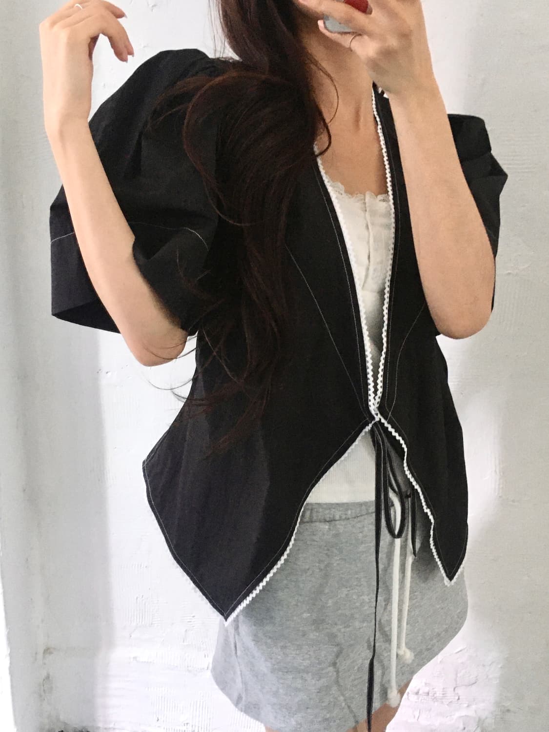 GANNI 가니 스티치 레이스 파플린 랩 블라우스 상품이미지2