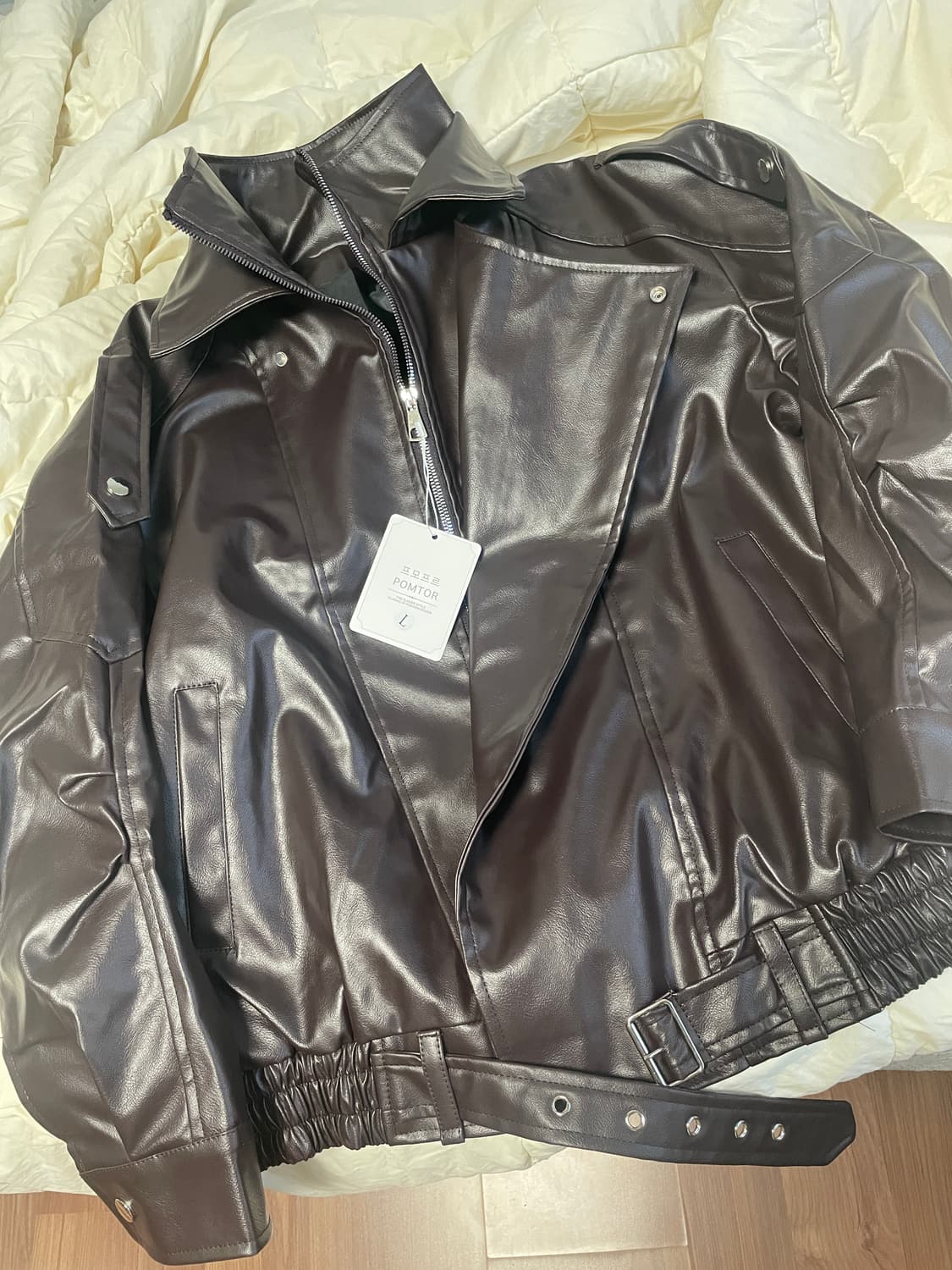 POMTOR 여성 봄 가을 클래식 캐주얼 루즈핏 PU 가죽 코트 라이더자 상품이미지1