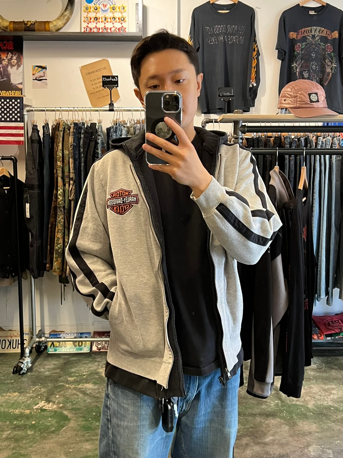 10s [L] 할리데이비슨 후디 레이어드 배색 집업 후드티 상품이미지9