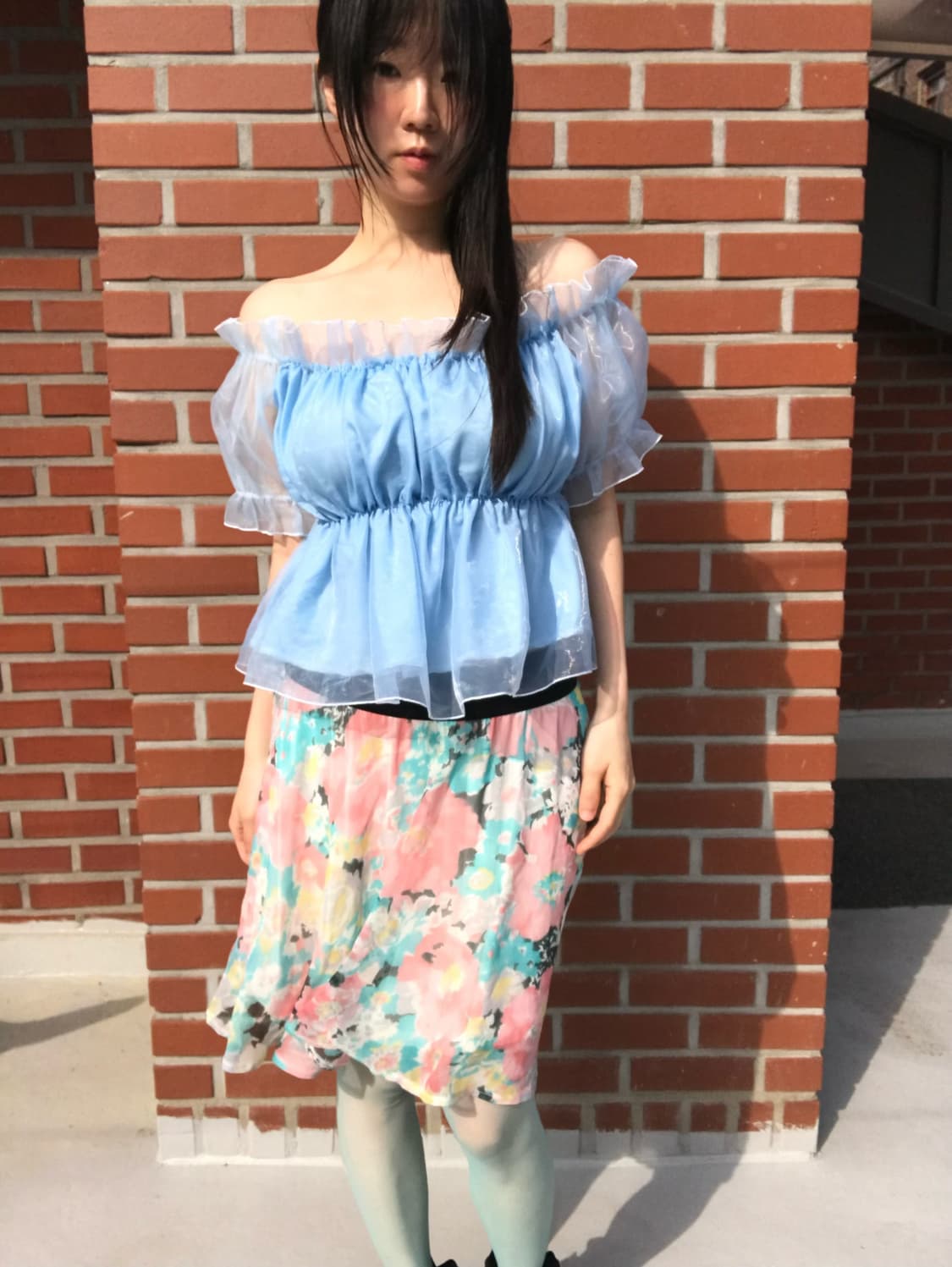 vintage sky blue off-shoulder top 상품이미지5