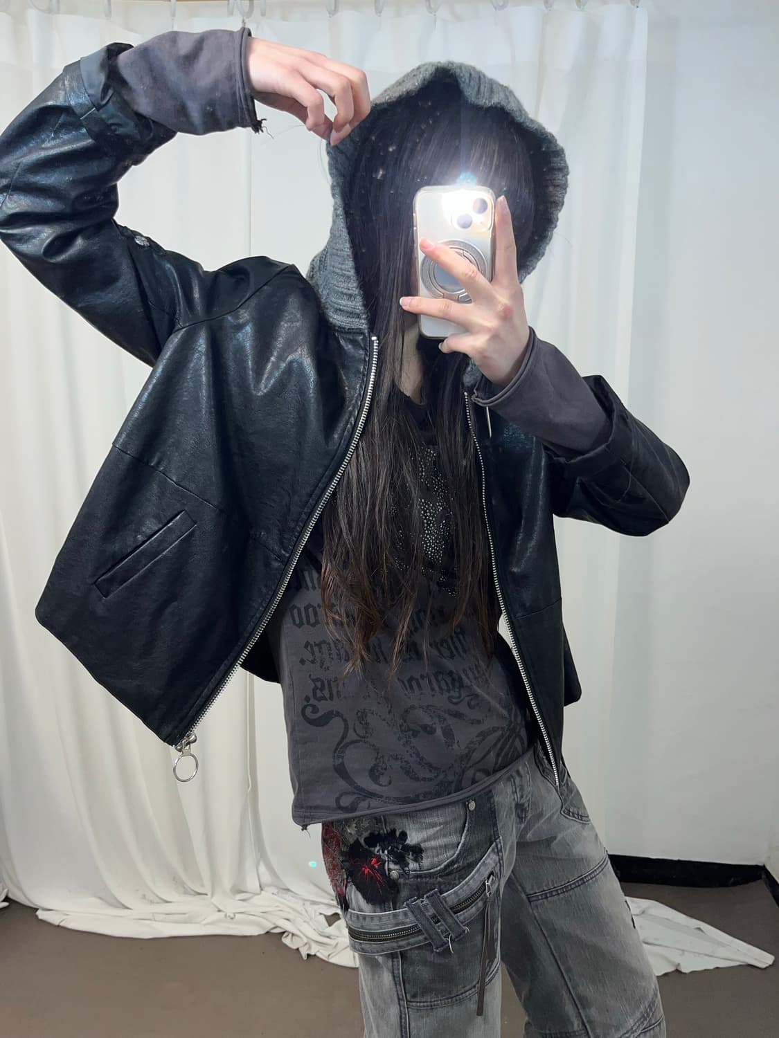 십자가 니트 후드 레더 자켓 상품이미지1