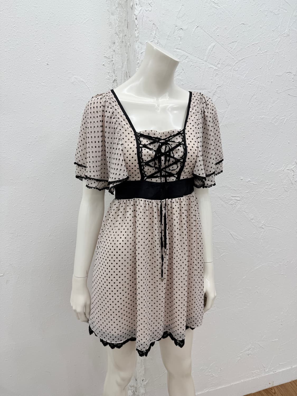 빈티지 Cecil McBee 베이지 도트 프릴 미니 원피스 상품이미지4