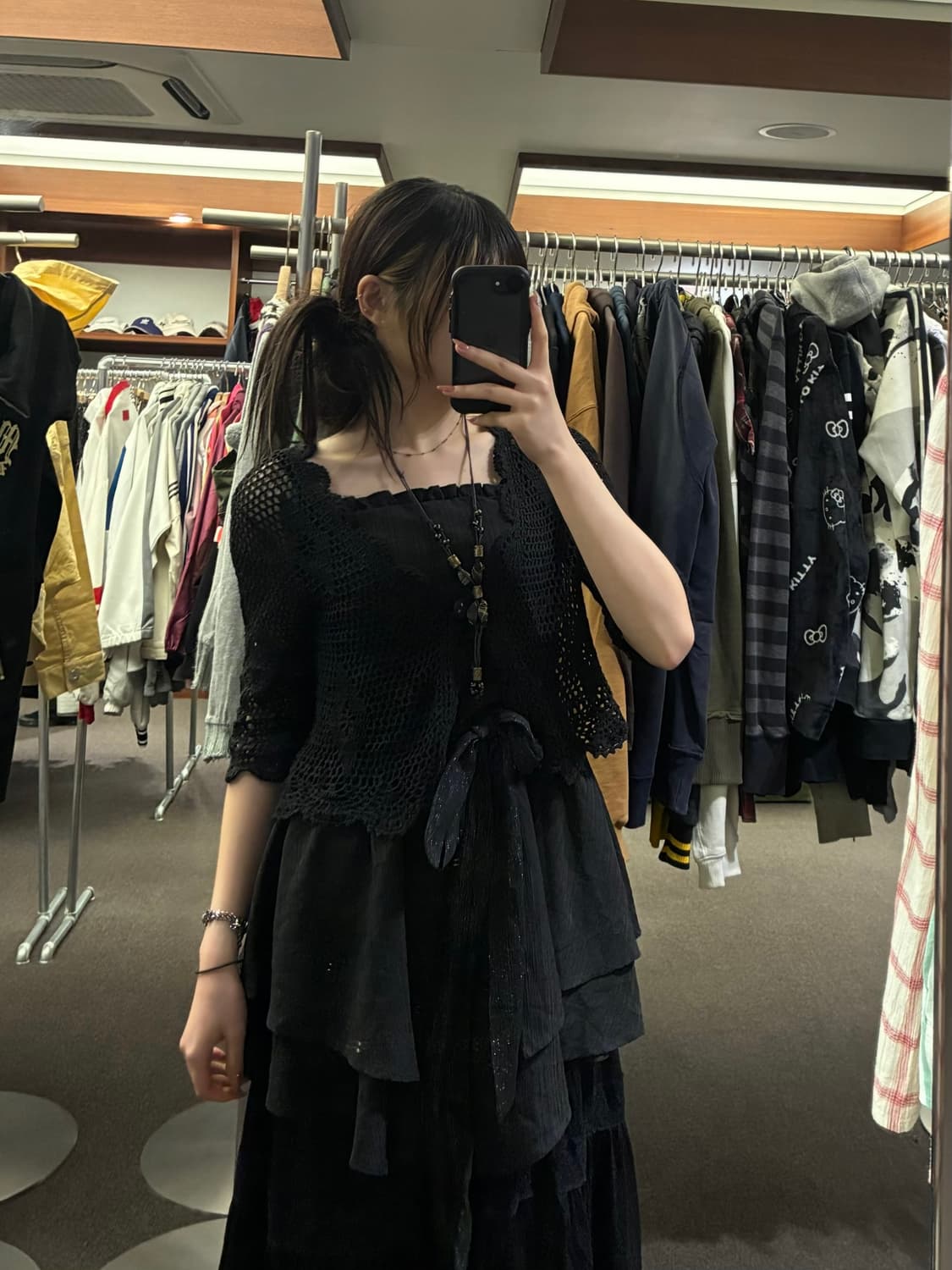 OS)Japanese vintage 여성 블랙 크로셰 가디건 상품이미지1