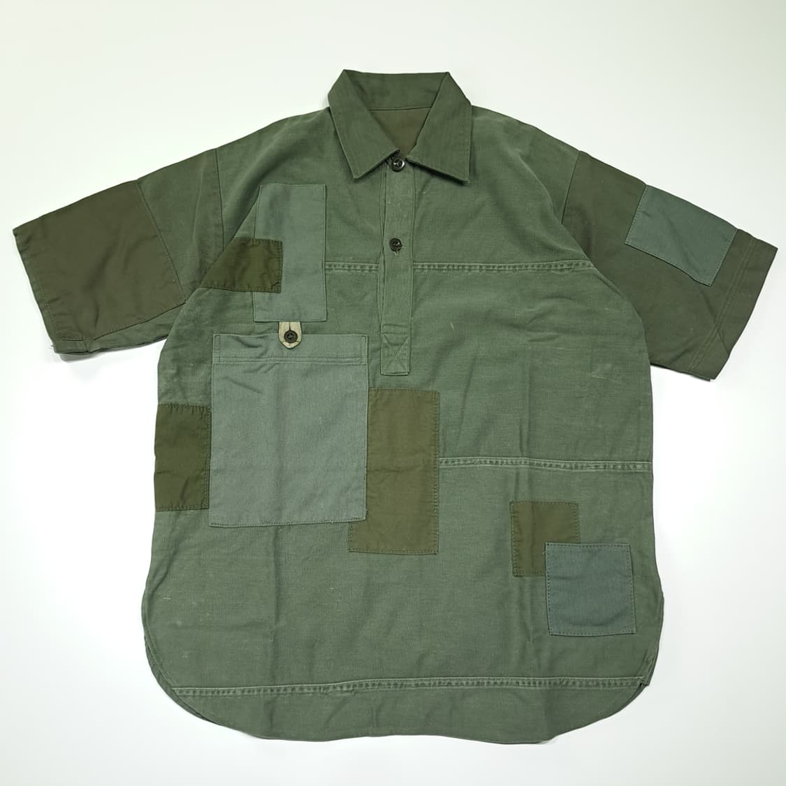 CK036 L 일본빈티지 바잉 패치워크 올리브 팝오버 반팔 셔츠 남방 상품이미지1