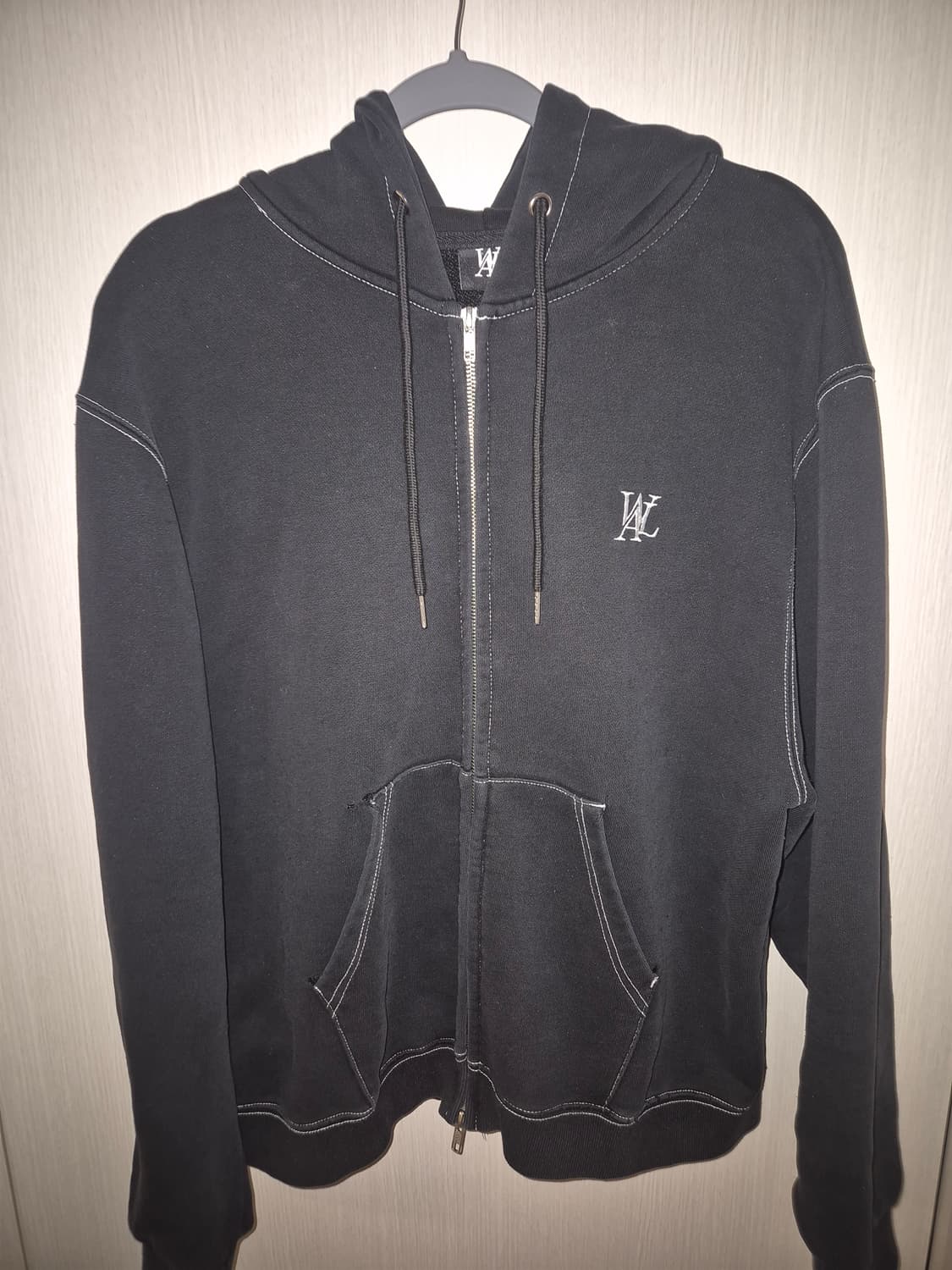 우알롱 블랙 빈티지 스티치 후드집업 상품이미지3