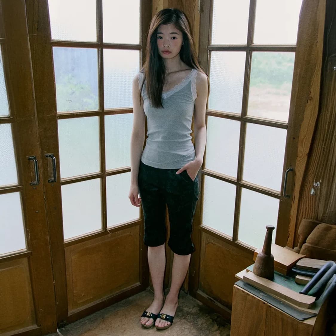 호쿠스포쿠스 Jacquard Capri Pants (Black) 상품이미지2