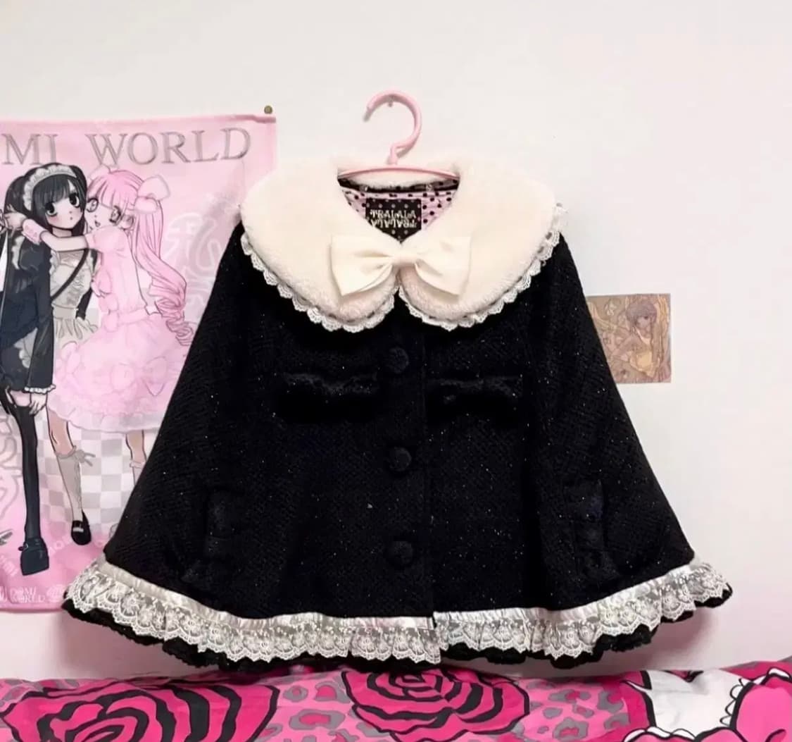 Tralala 트랄랄라 퍼 카라 리본 프릴레이스 케이프 양산형 히메갸루  상품이미지1