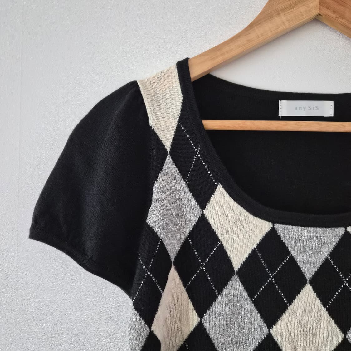 일본 빈티지 모리걸 스타일 아가일 체크 반팔 니트 상품이미지2