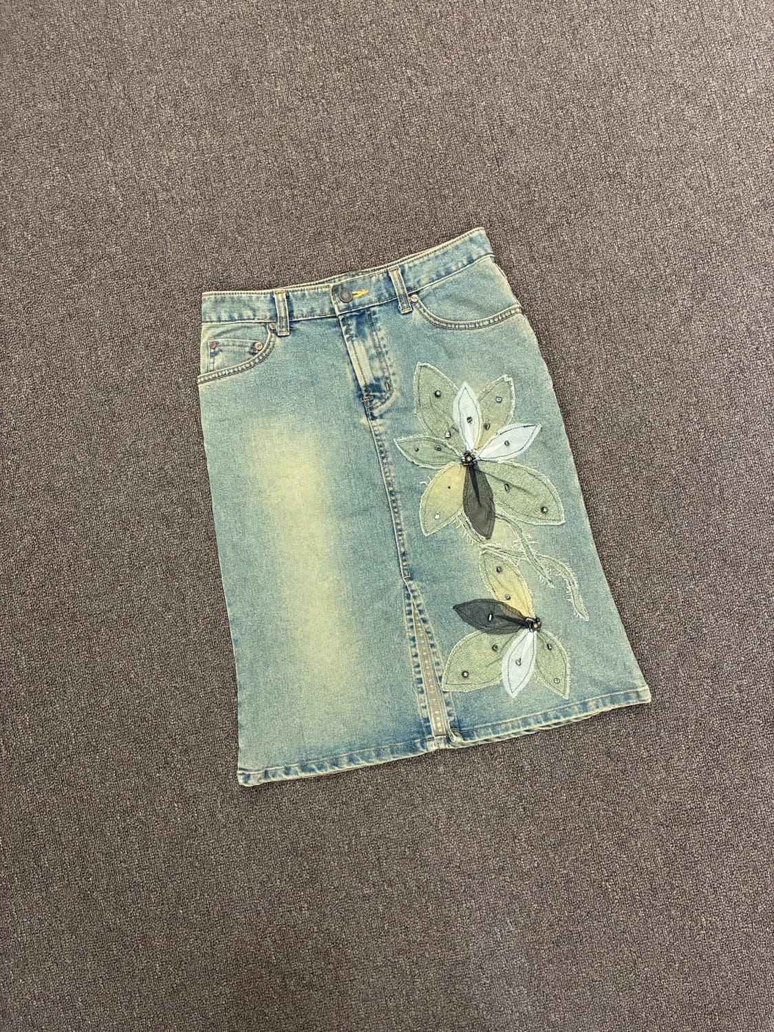 OS)Japanese vintage 여성 꽃 자수 비즈 디테일 미디 치마 상품이미지3