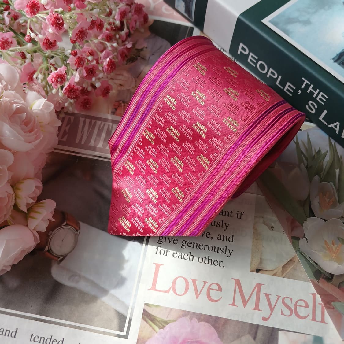 밀라숀 진핑크 로고 자수 패턴 넥타이 9cm S~A+등급 E886 상품이미지4