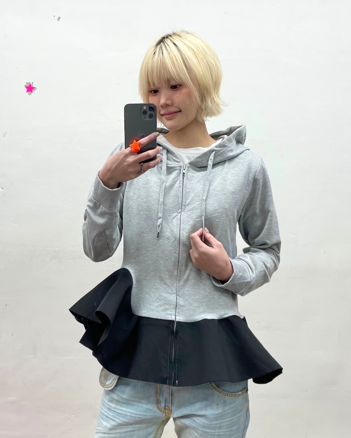 Black lace gray hooded zip-up  상품이미지1