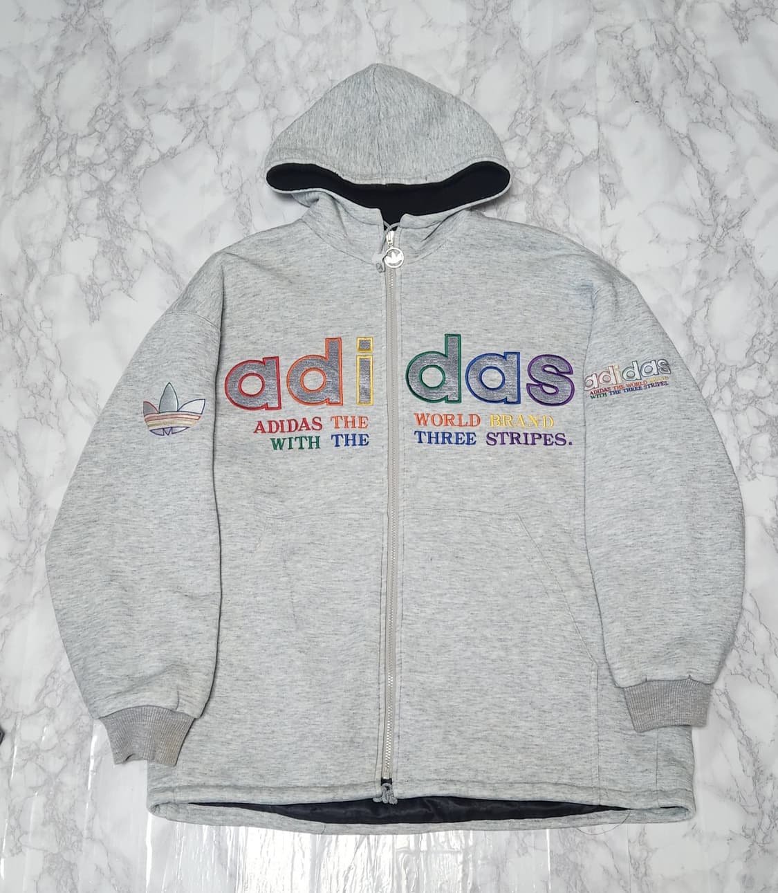 아디다스x데상트 앞 뒤 빅로고 90s 올드스쿨 양털 후드집업 자켓 상품이미지1