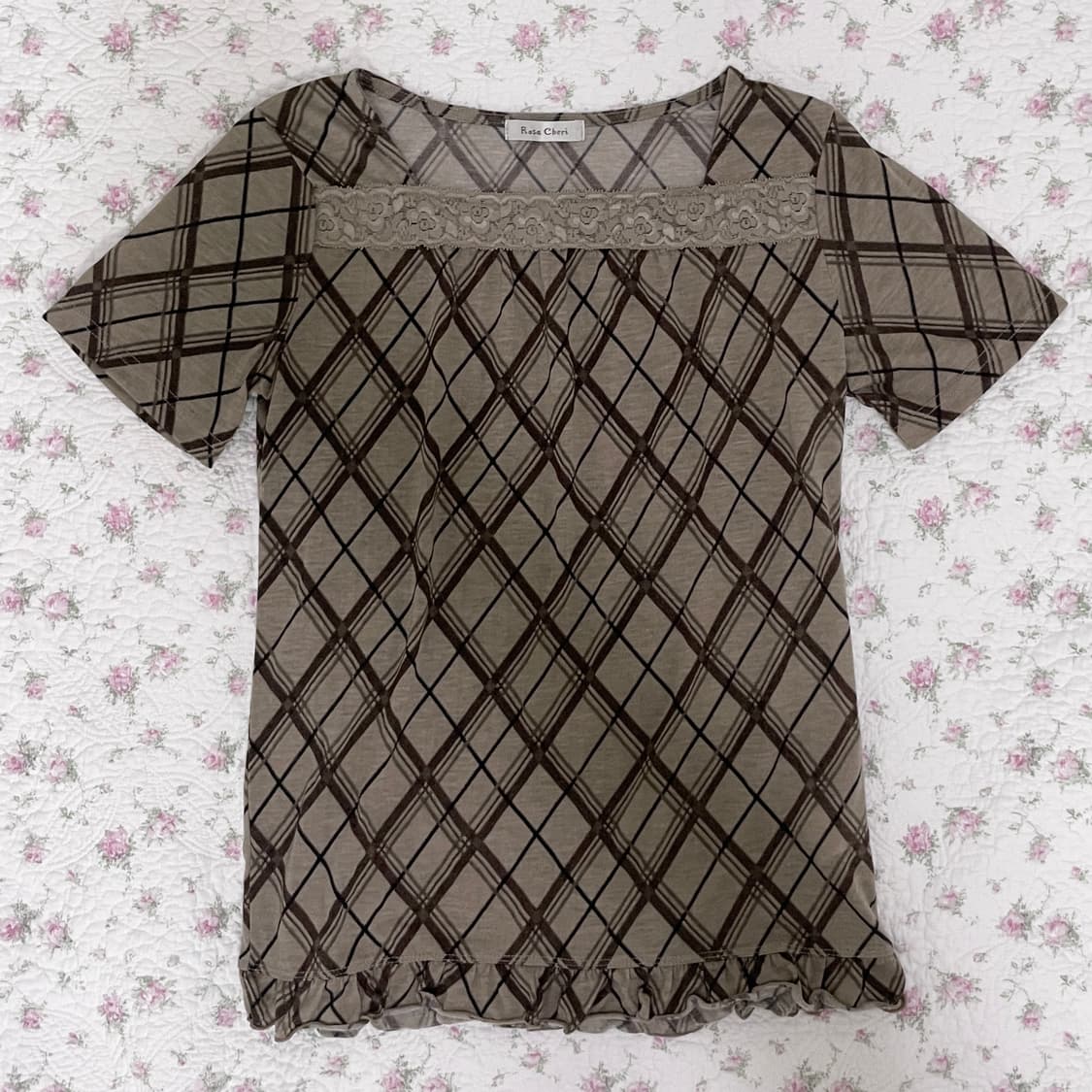 빈티지 체크 브라운 탑 /프릴 레이스 티셔츠 모리걸 상품이미지1