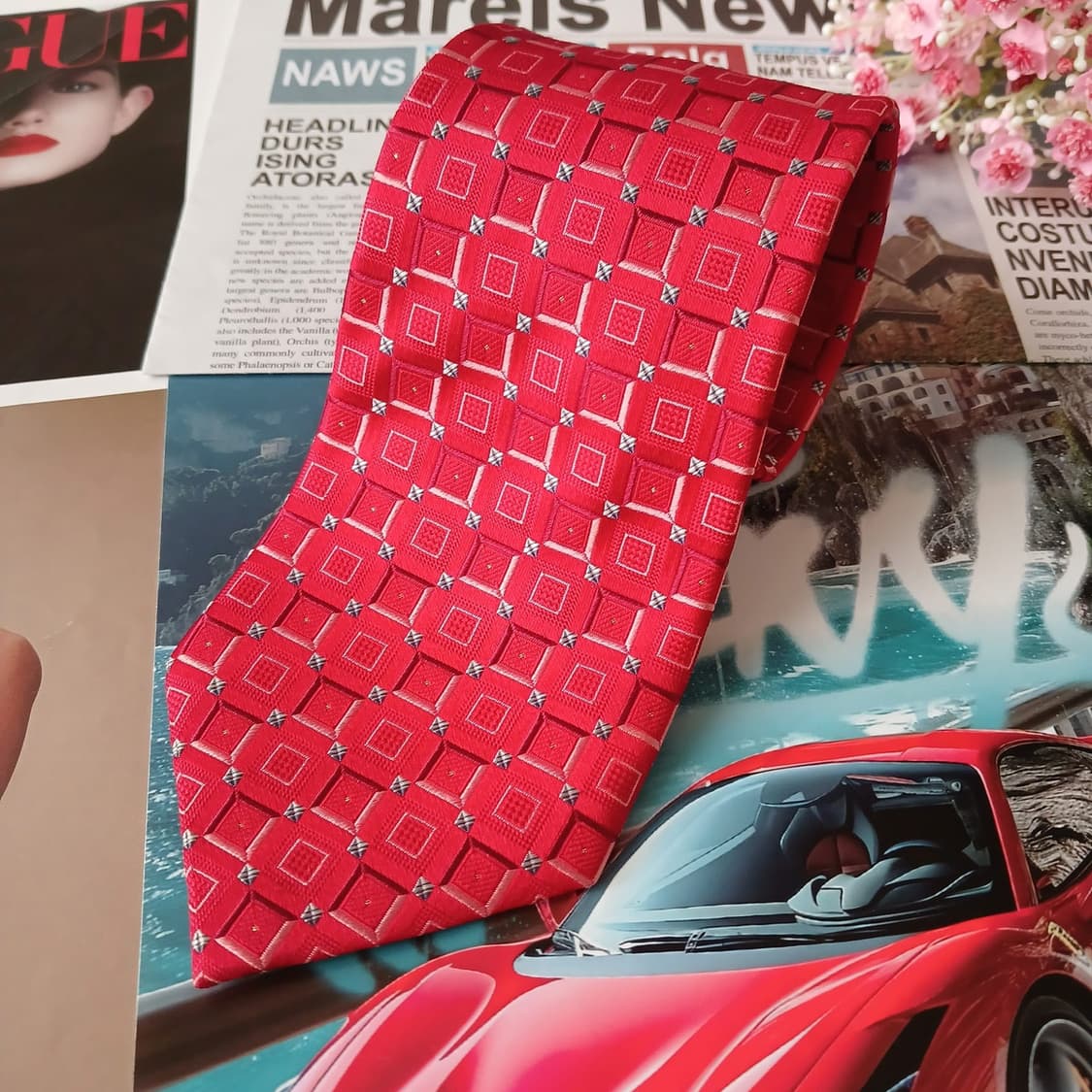 밀라숀 실크 레드 기하 패턴 넥타이 9.4cm A등급 A19300
 상품이미지4