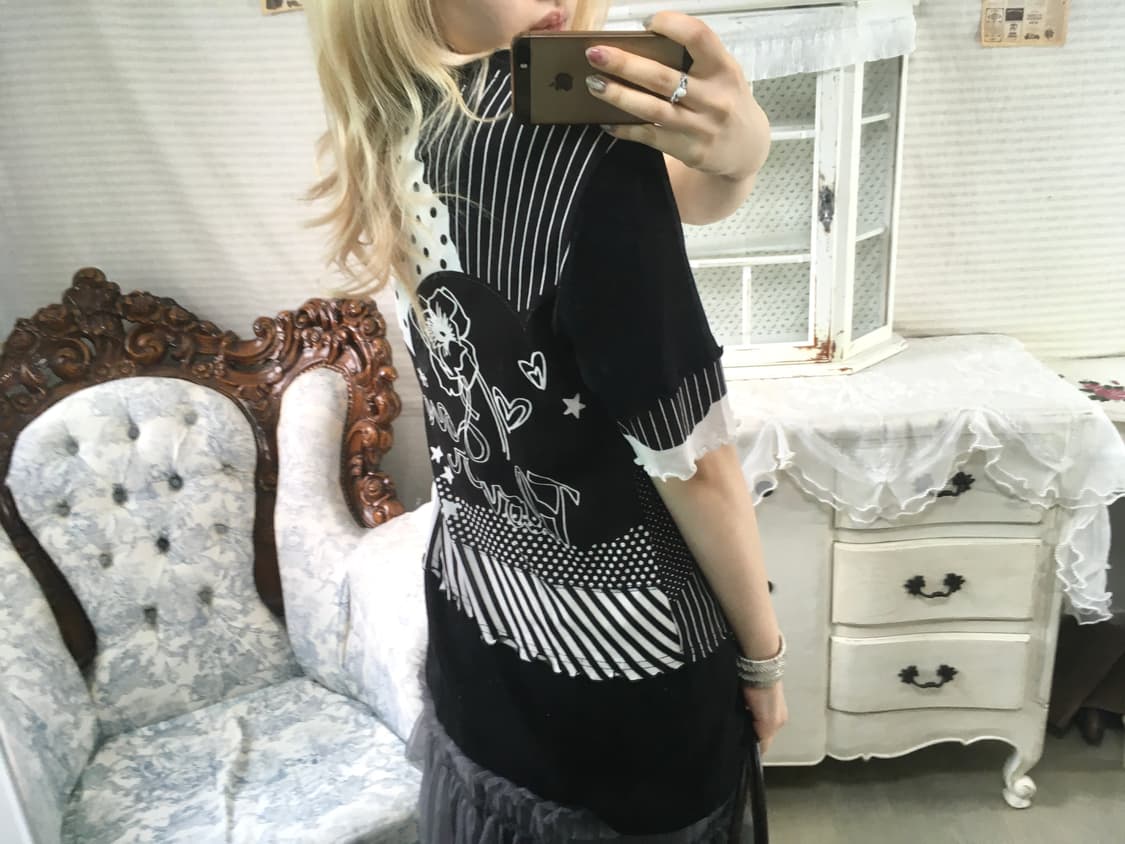 일본빈티지 도트 스트라이프 괴짜 프린팅 블라우스 상품이미지3