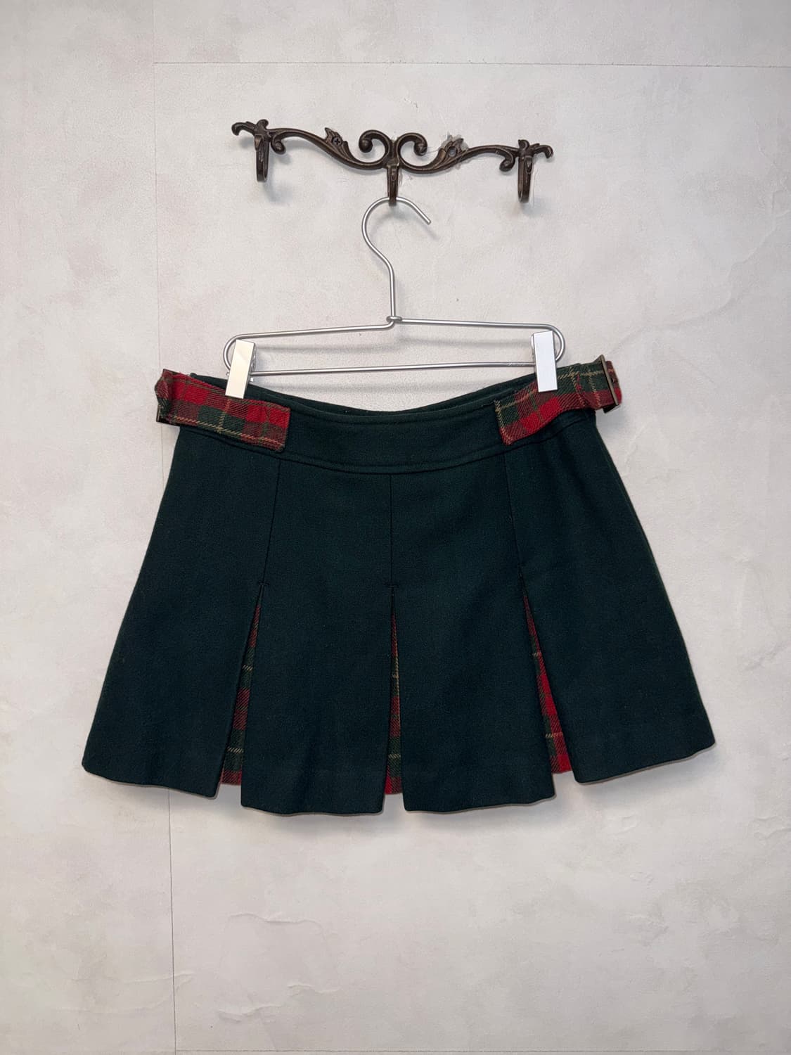 Deep green check buckle wool pleats sk 상품이미지4