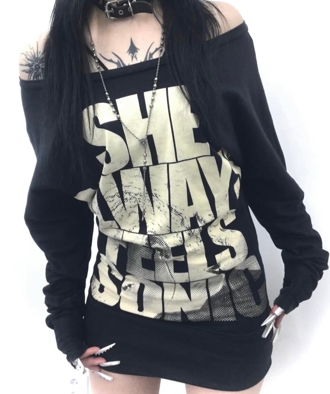 큐빈티지 갸루 오네걀 펑투케 펑크 와투케 롱슬리브 오프숄더 원피스 상품이미지1