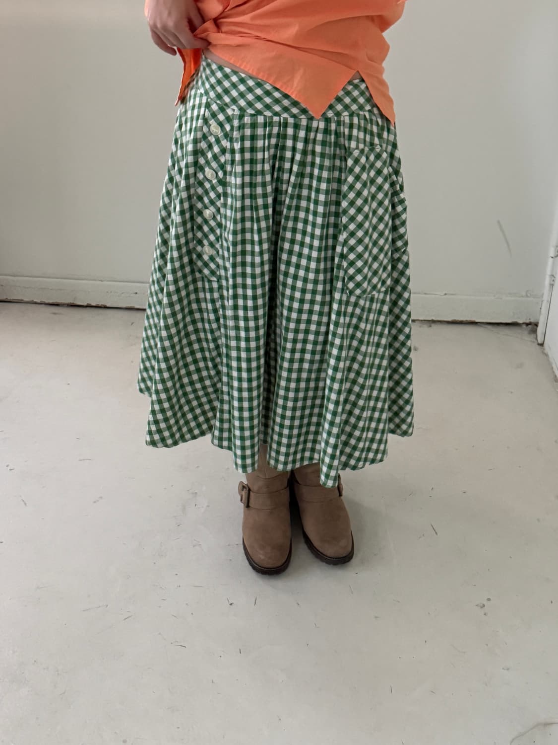 일본빈티지 그린체크 코튼 아방스커트 상품이미지1