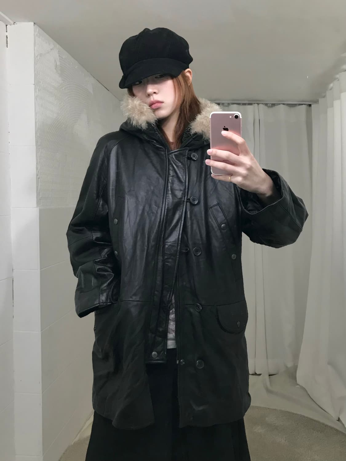 빈티지 블랙 레더 누빔 퍼 야상 자켓 상품이미지1