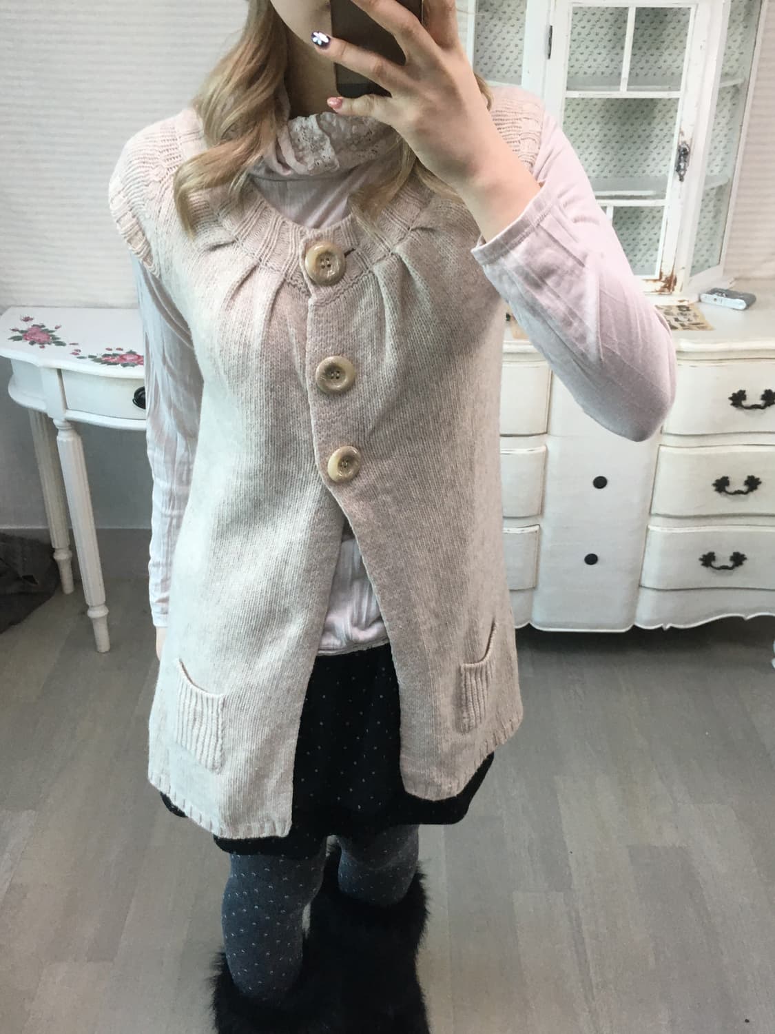 Set)오트밀 레이어드가디건 + 핑크베이지 레이스 폴라 상품이미지3