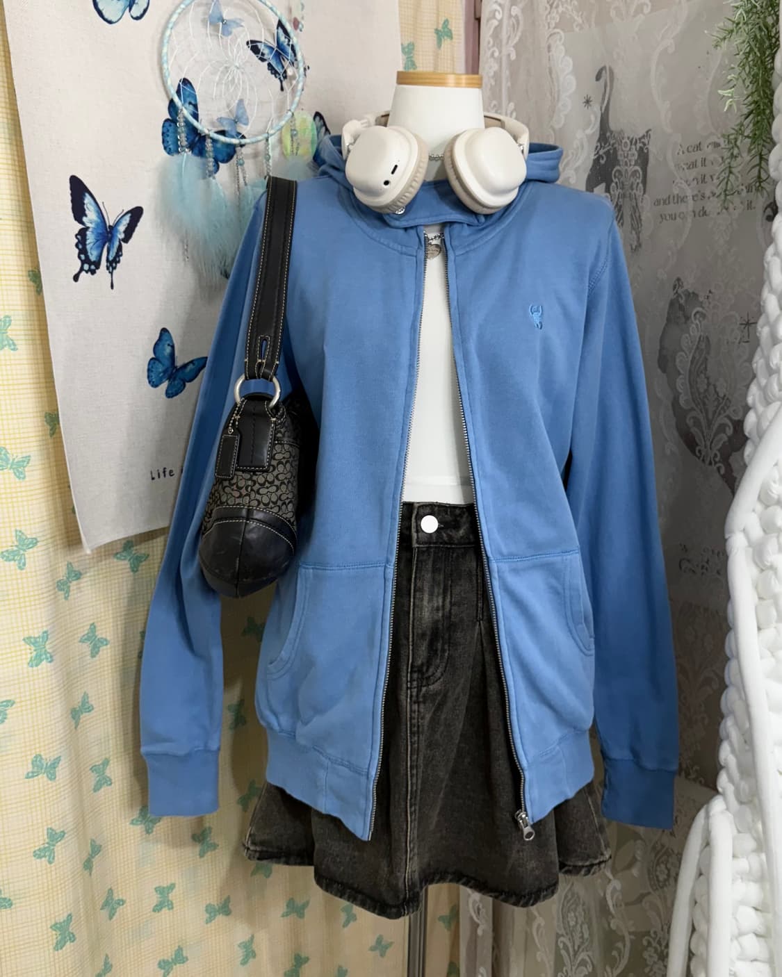 하늘색 넥 버튼 후드 집업 상품이미지4