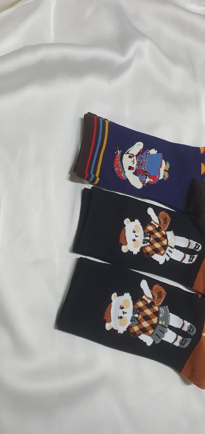 네이비 브라운 고양이 체크 양말 상품이미지2