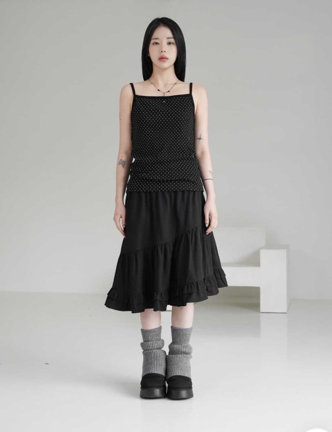 프릴 레이어드 미디 스커트 프릴 미디 스커트 레이어드 치마  상품이미지3