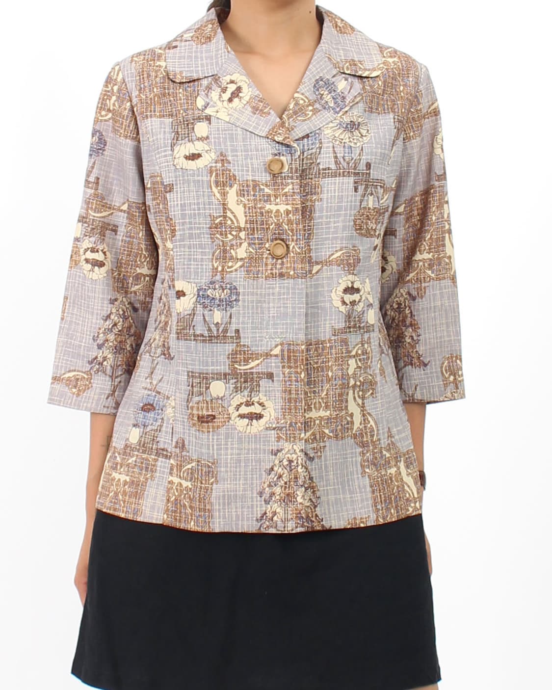 일본 빈티지 퍼플 플라워 체크 패턴 7부 소매 블라우스 상품이미지8